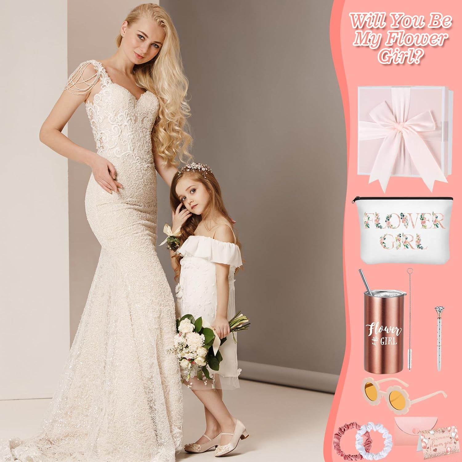 Sieral 9 Pcs Flower Girl Gift Set Pink Retro