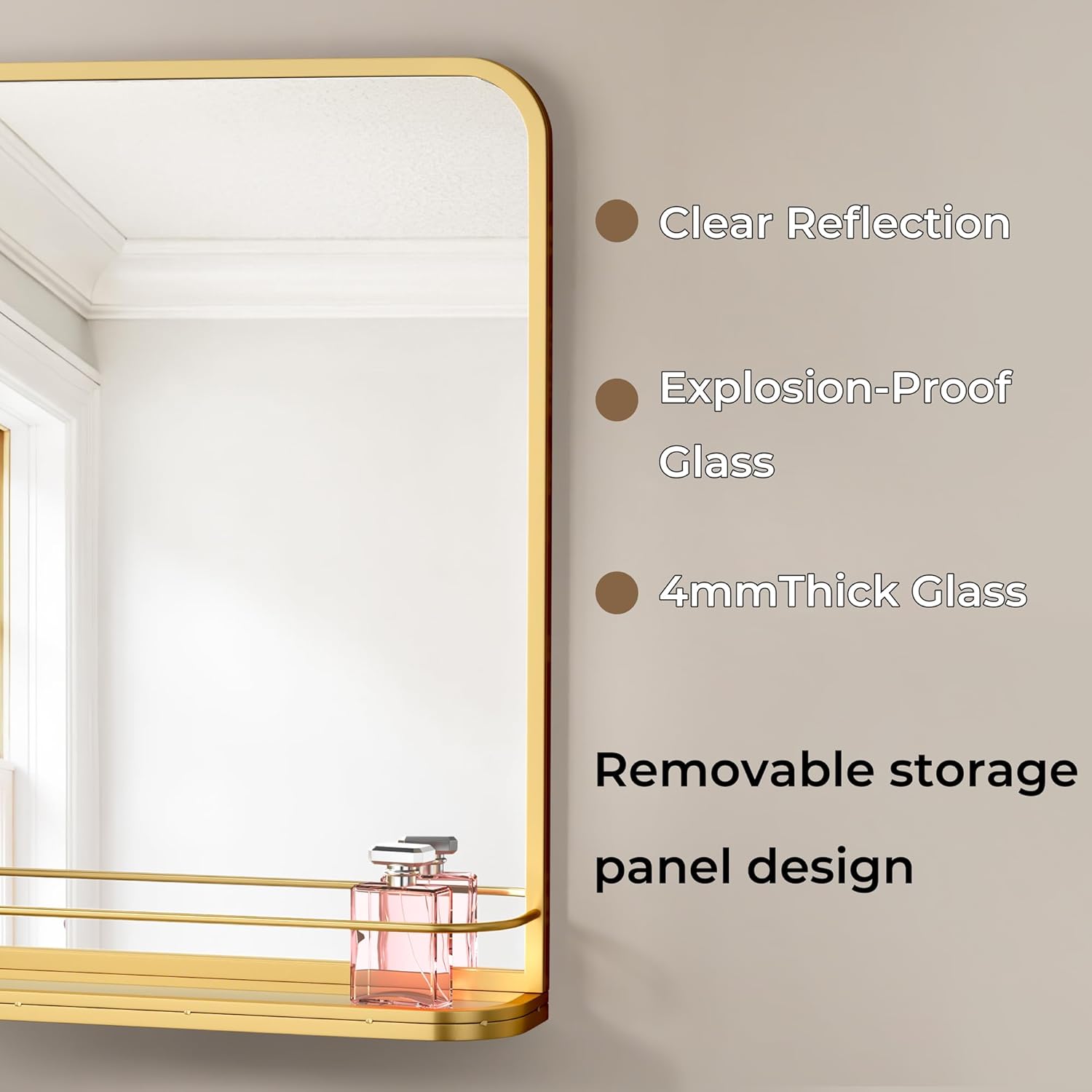 Gold Metal Framed Bathroom Mirror with Shelf