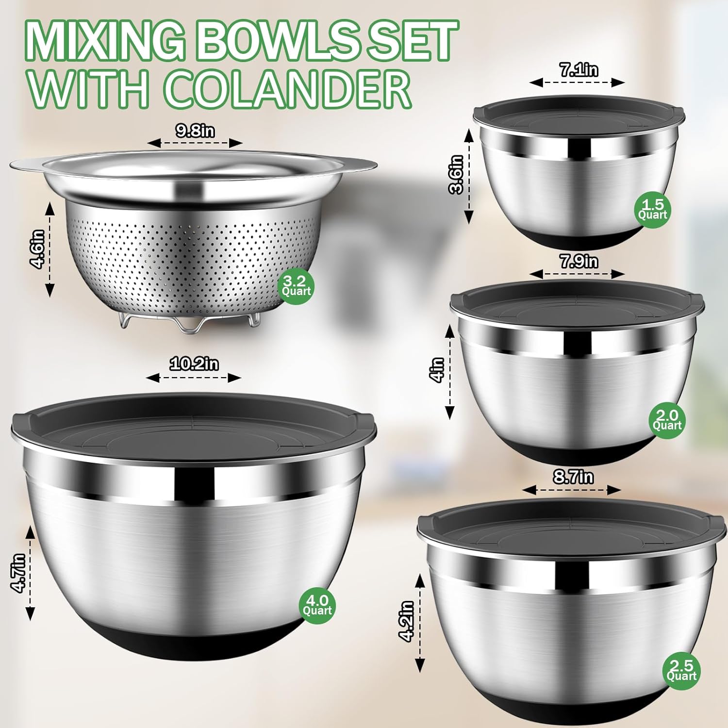 DUTZUN Stainless Steel Mixing Bowls with Lids Set - 4 25 2 15QT Black