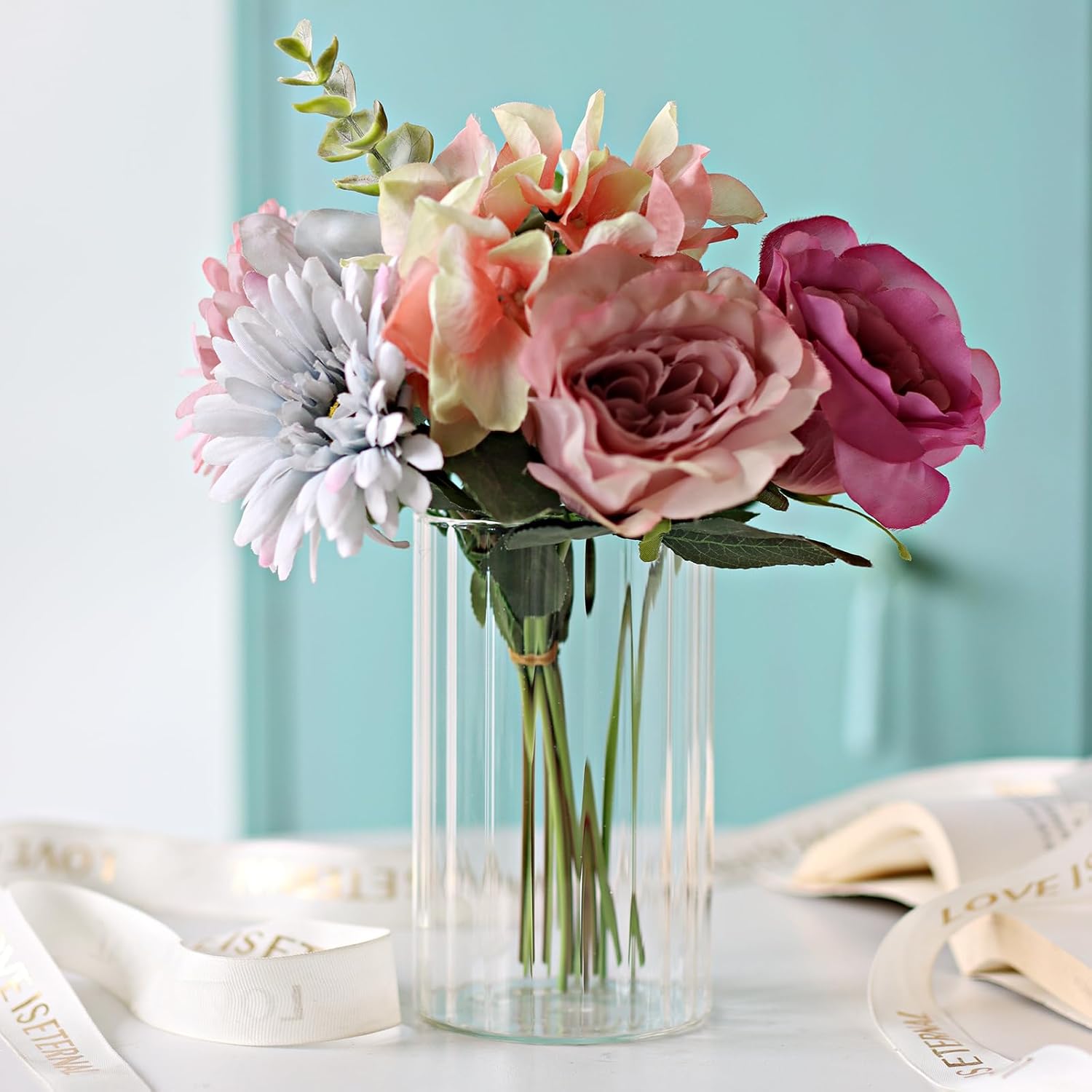12Pcs Clear Ribbed Glass Cylinder Vases for Centerpieces