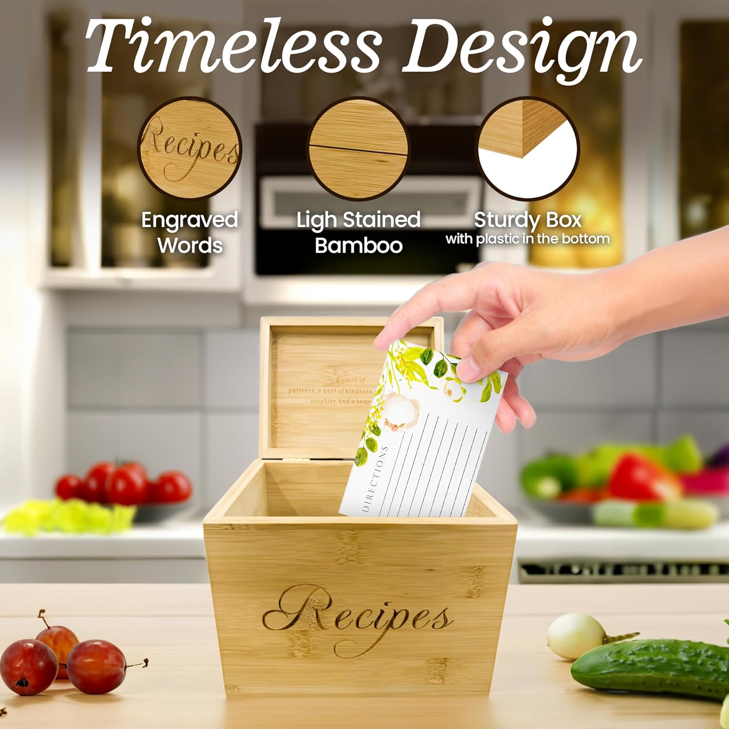 Wooden Recipe Box with 100 Labeled Cards