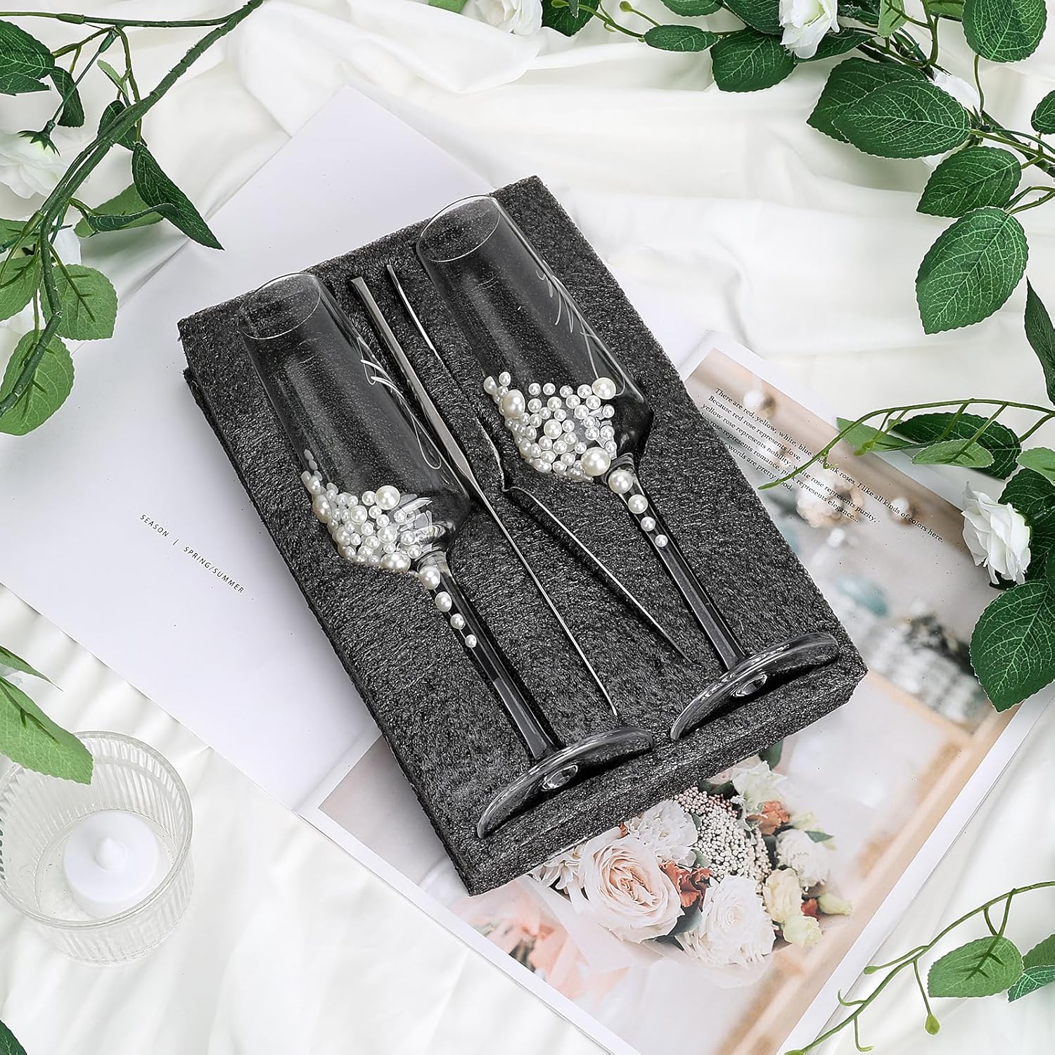 Mr And Mrs Champagne Flutes With Pearls Wedding Set