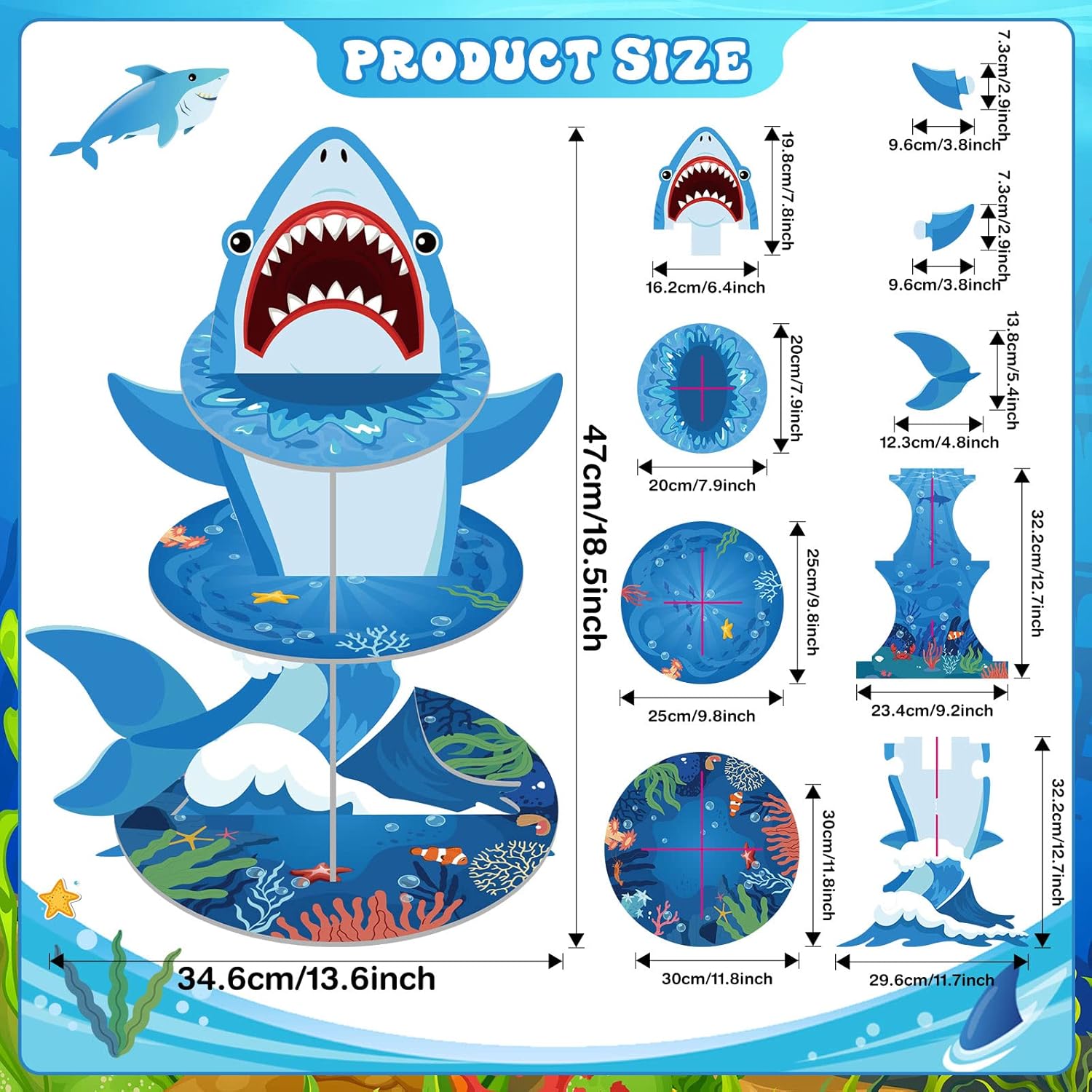 Zopeal 3 Tier Shark Cupcake Stand Ocean Theme Decor