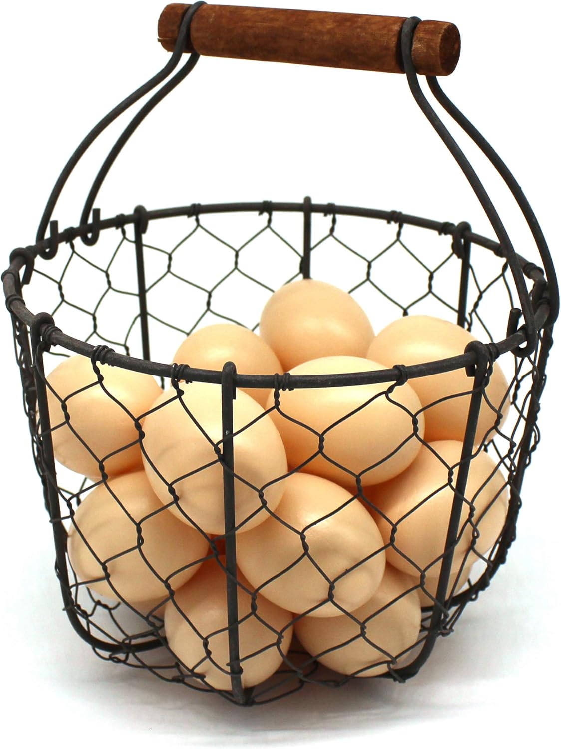 Round Chicken Wire Egg Basket with Wooden Handle
