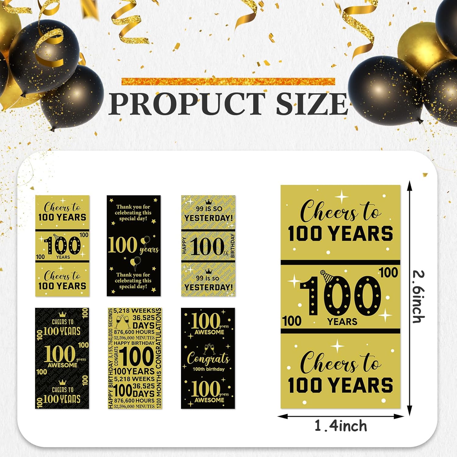 Tenare 90 Pcs 100th Birthday Black and Gold Stickers