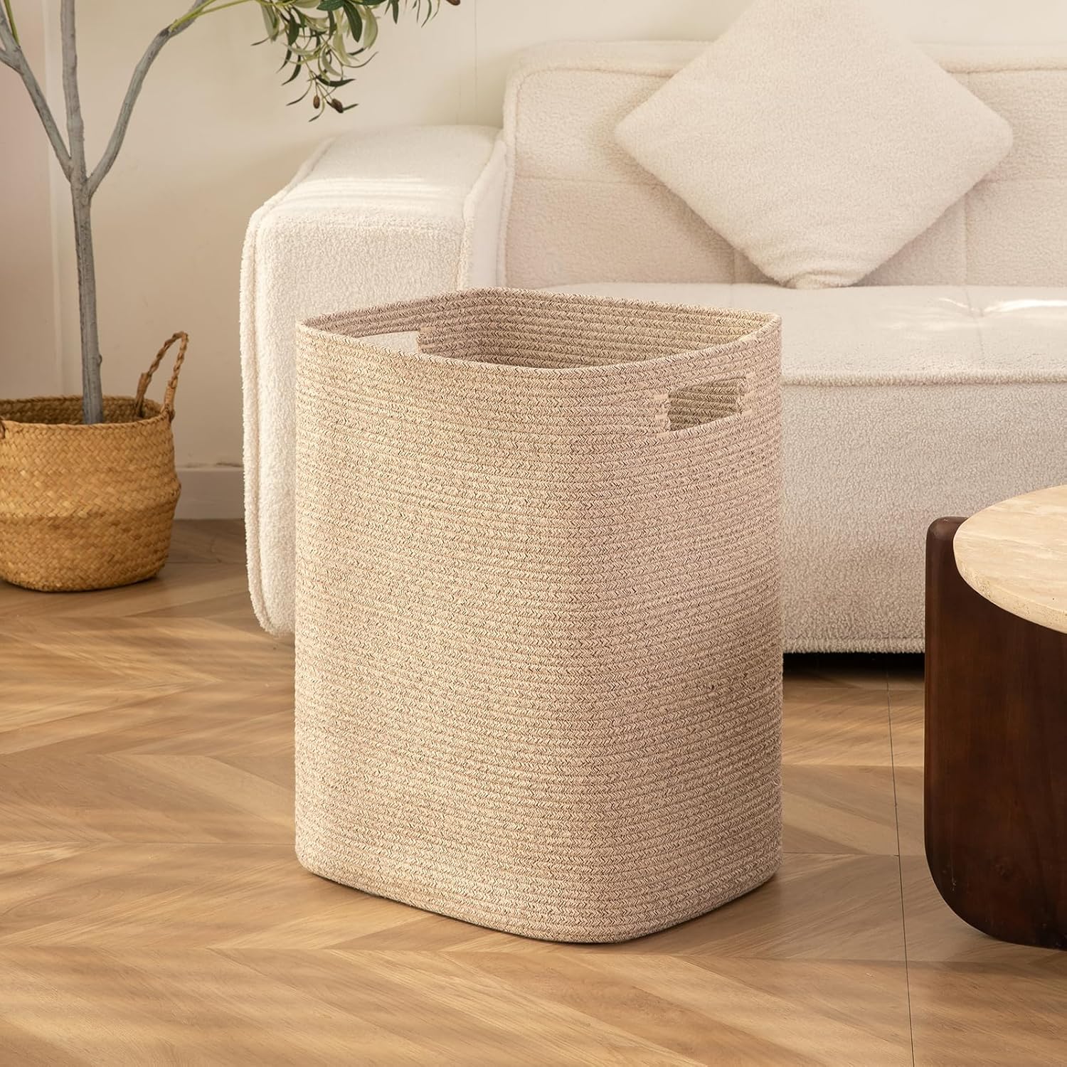 OIAHOMY Laundry Hamper Brown Variegated Rectangle Cotton Basket with Handles - 16x13x22in