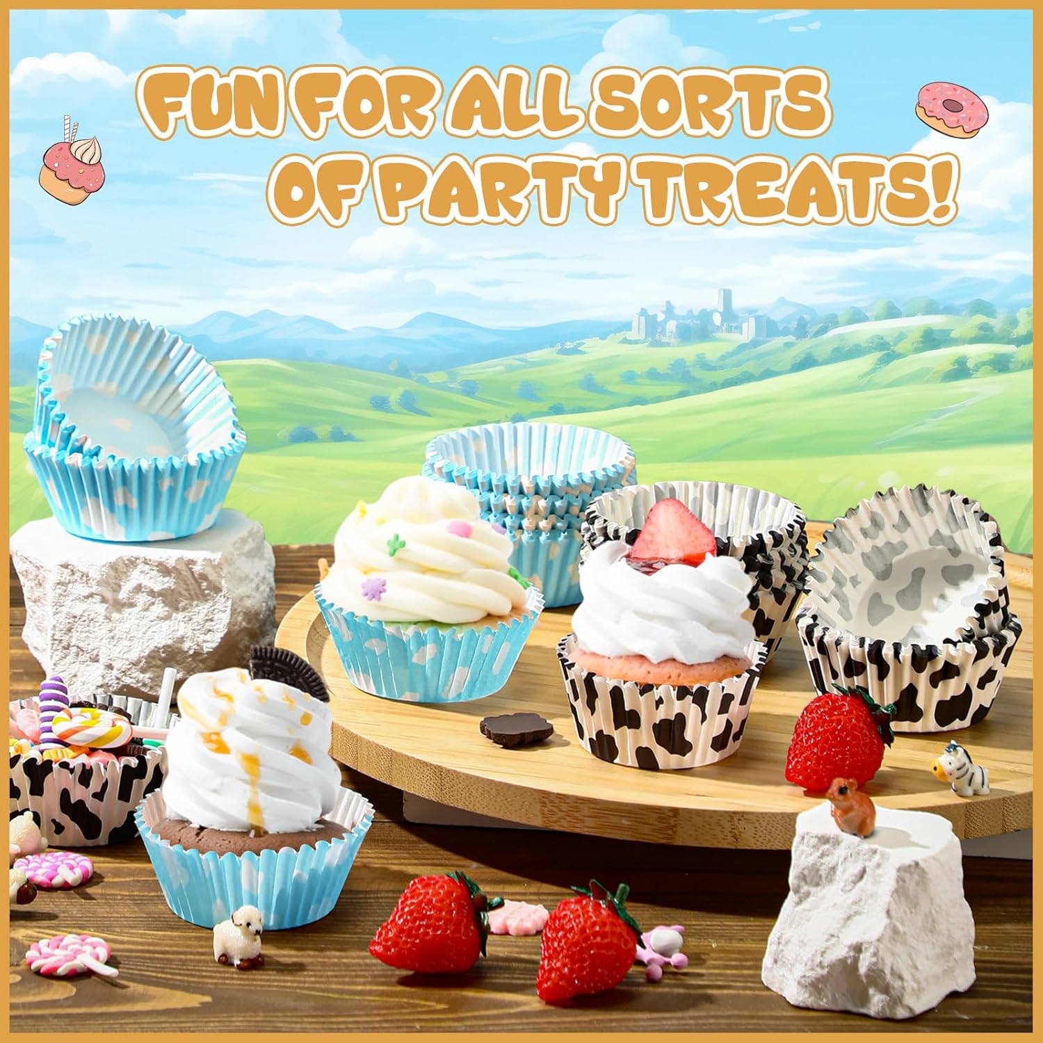 Cunhill 300 Pcs Paper Baking Cups with Cloud and Cow Designs