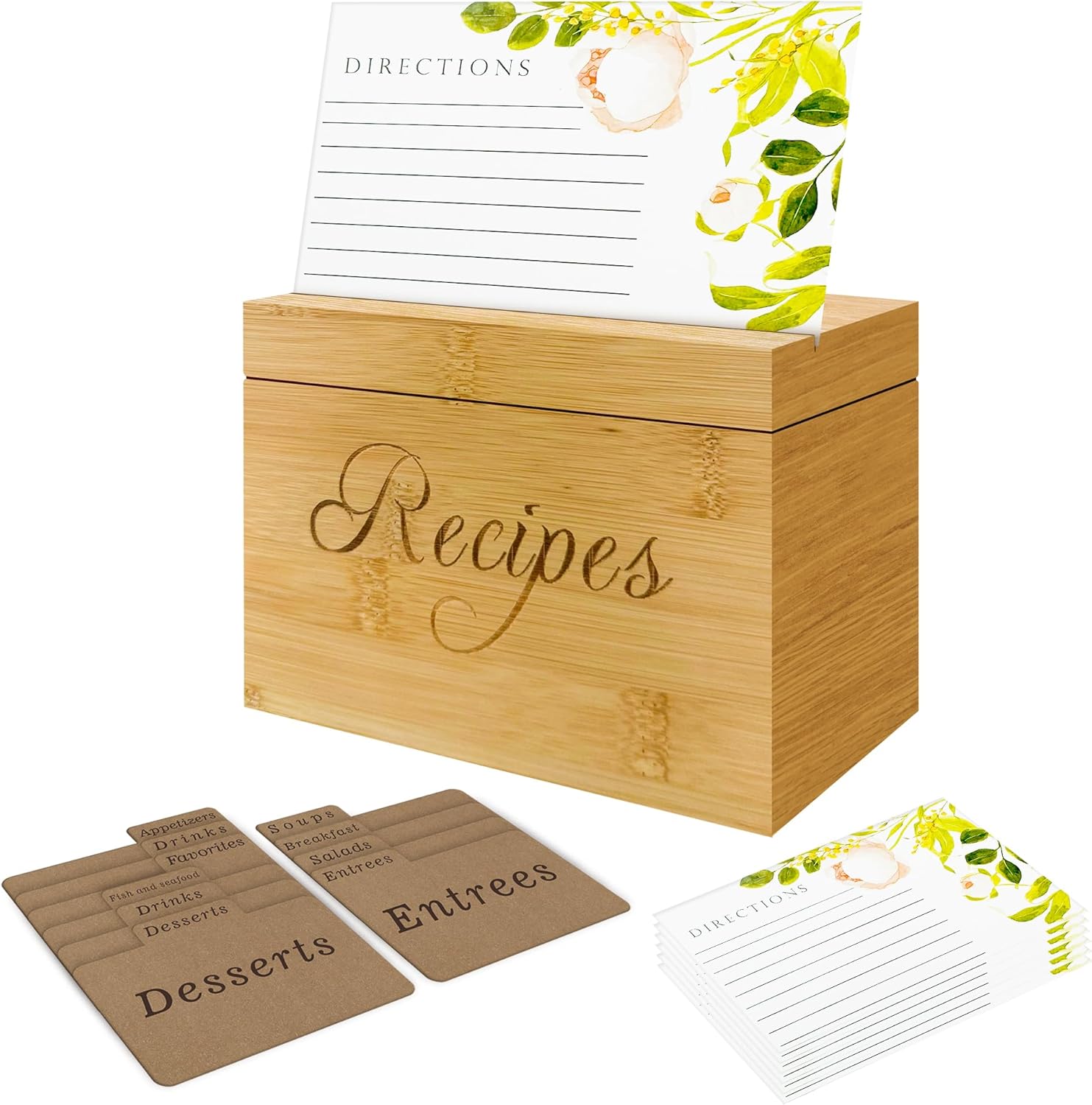 Wooden Recipe Box with 100 Labeled Cards