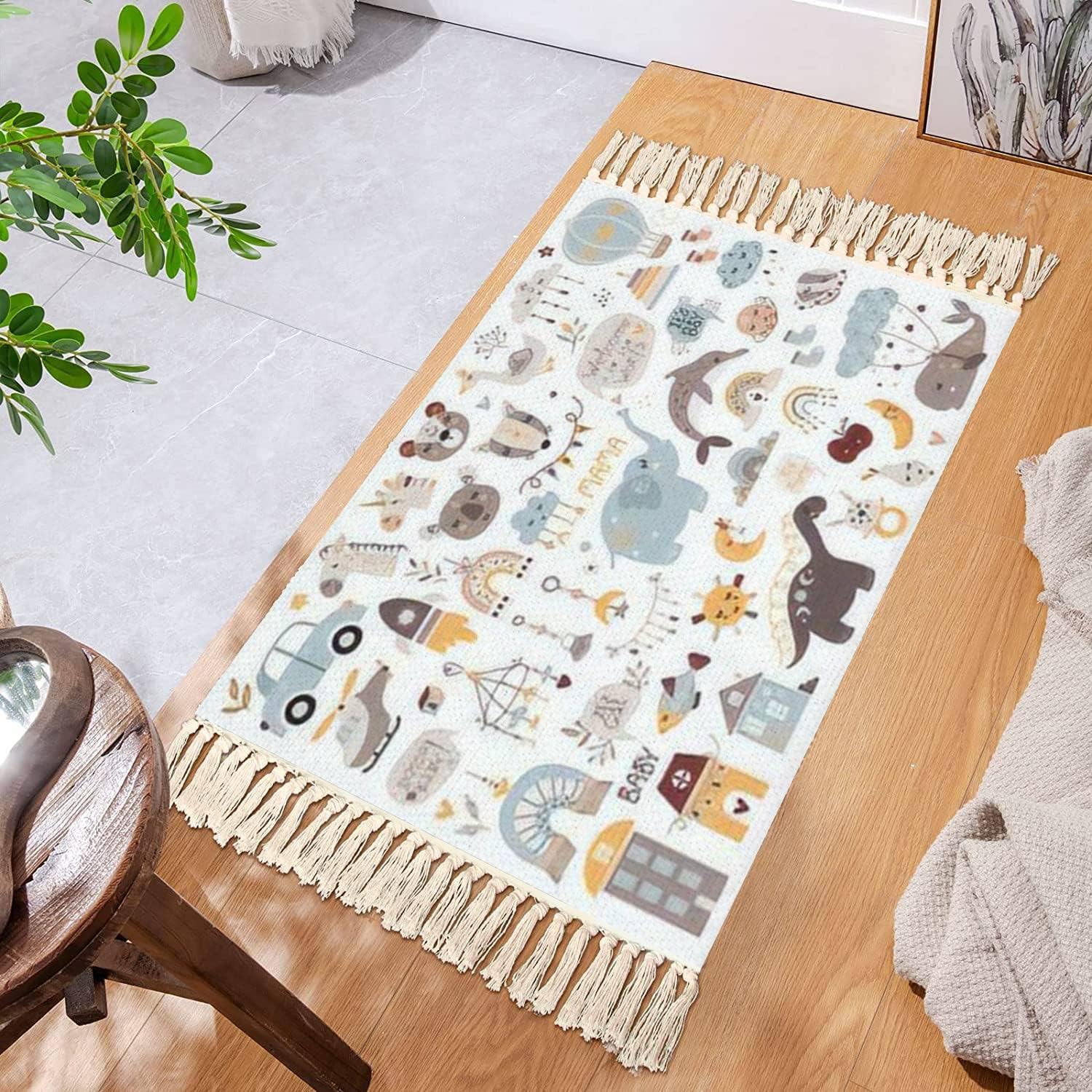 Boho Style Kid Room Rug with Tassels and Fringe