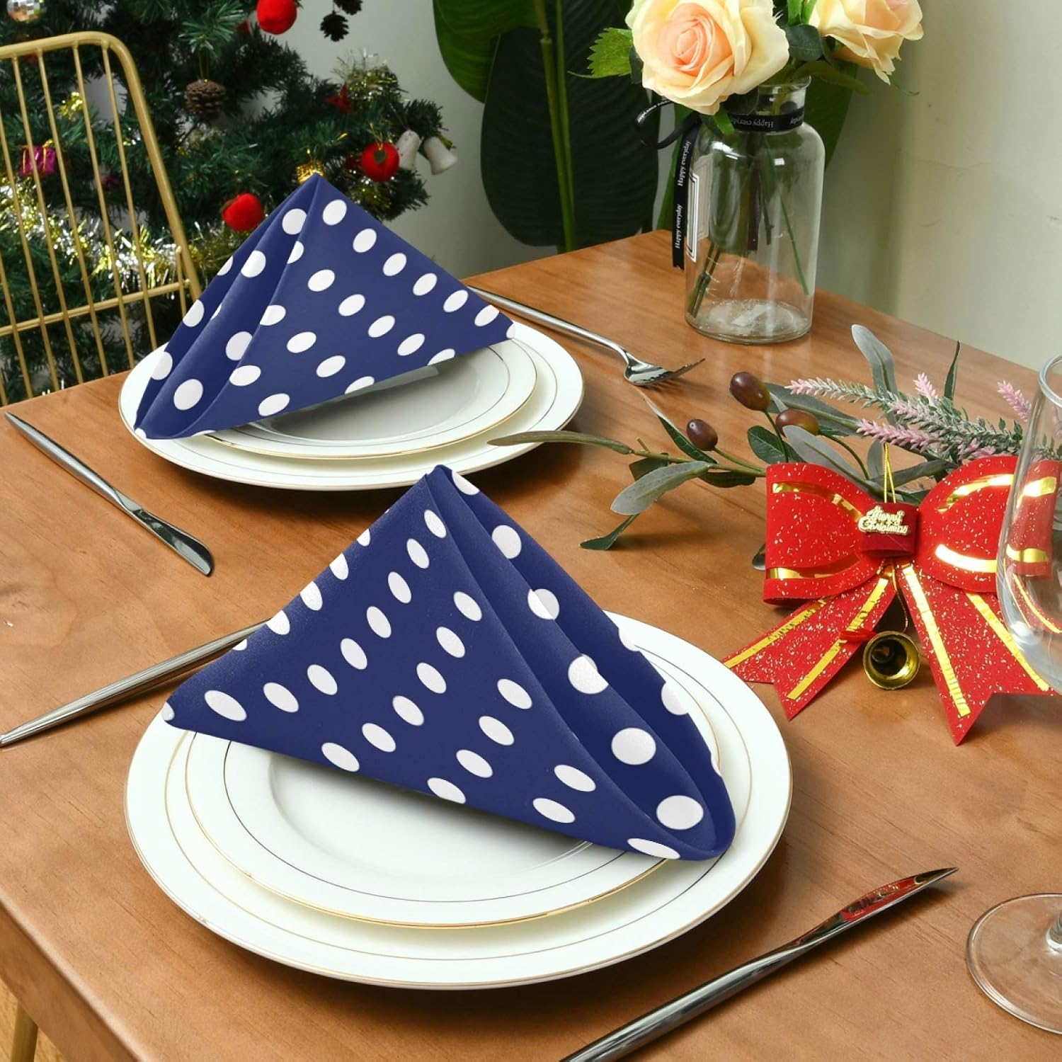 ALAZA Kitchen Cloth Napkins Set of 6 Navy Blue Polka Dot