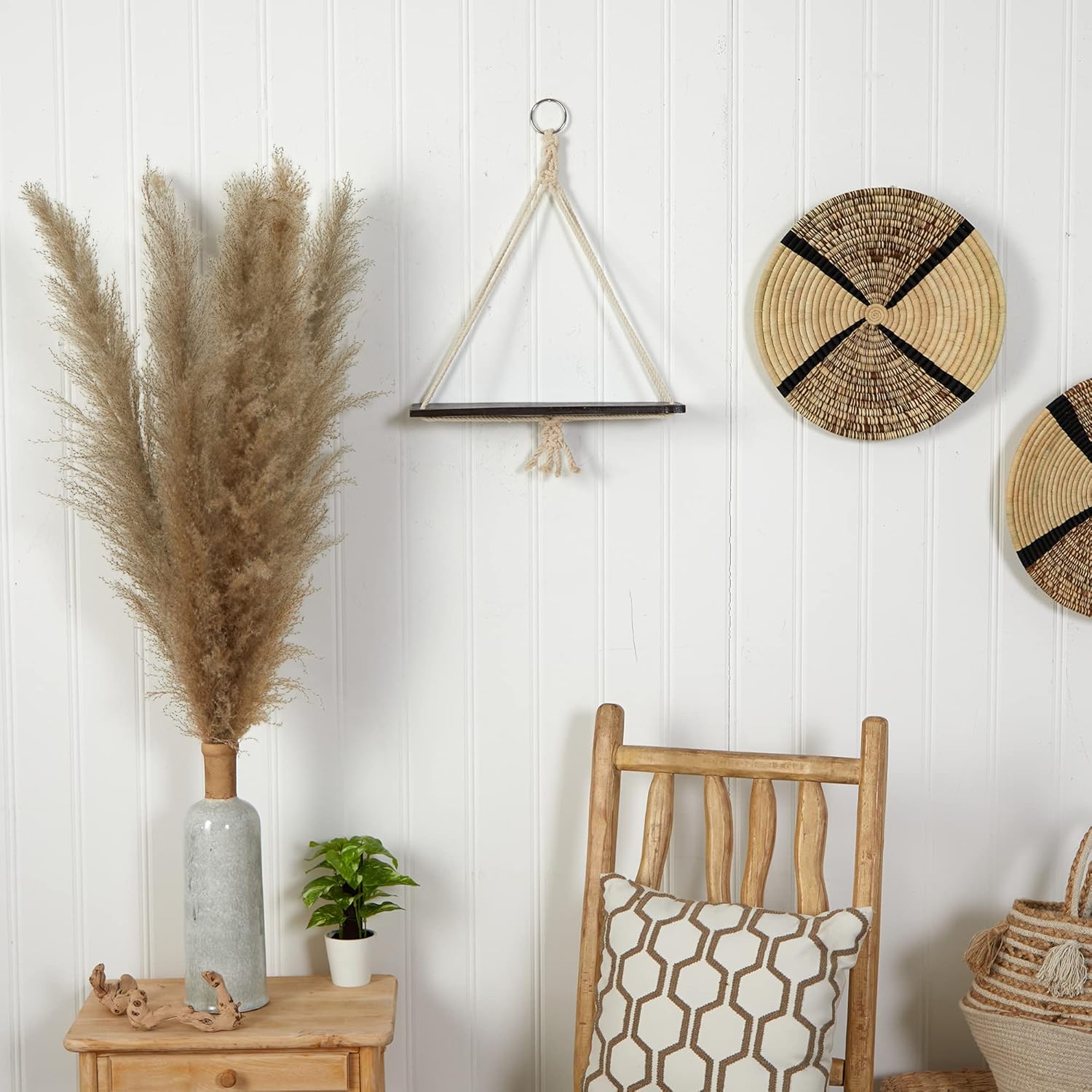 Nearly Natural 18in x 16in Macrame Wall Hanging with Wooden Shelf