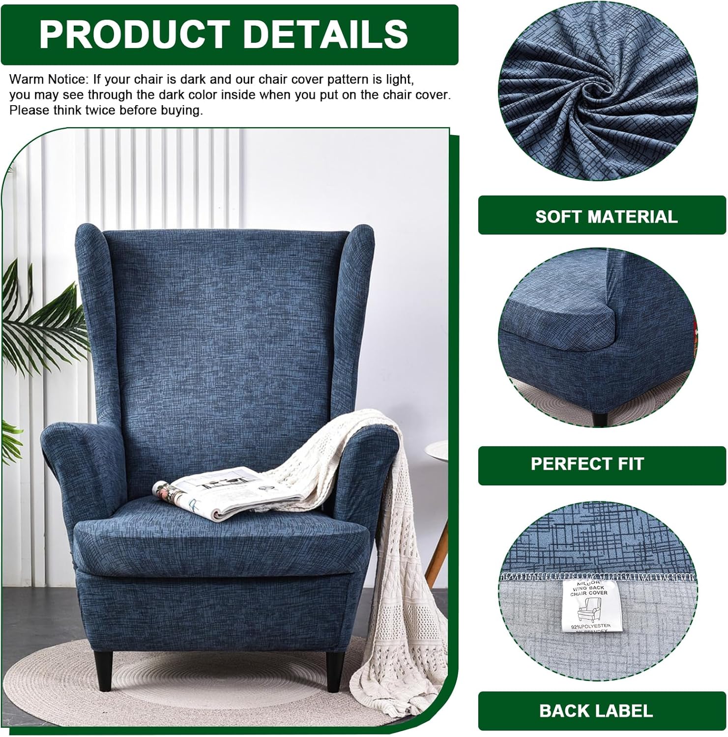 CRFATOP 2 Piece Wingback Chair Slipcovers with Elastic Bottom