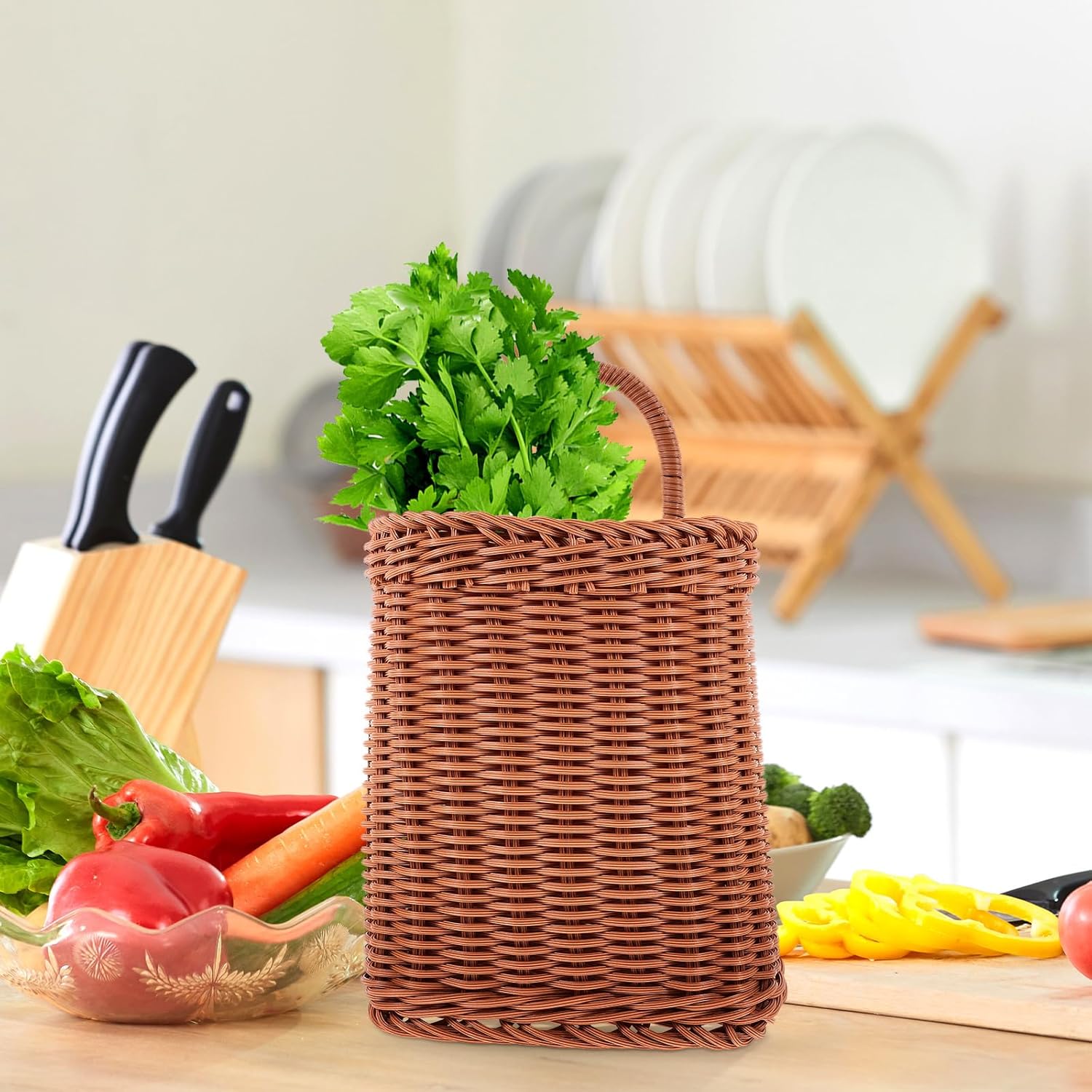 2pcs Square Woven Hanging Basket Set for Kitchen Living Room Storage