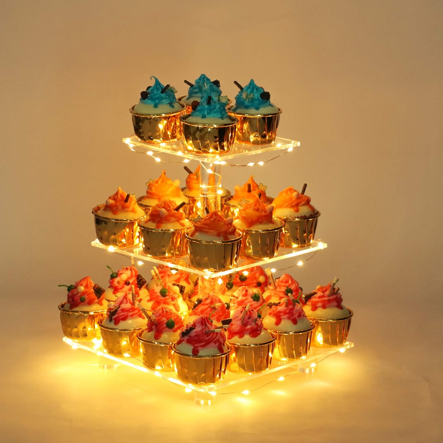 YestBuy 3 Tier Clear Cupcake Stand with LED Light Yellow