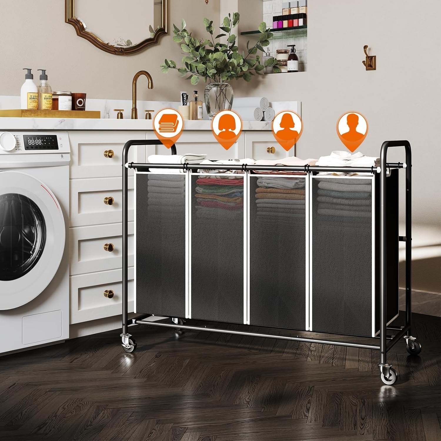 ROMOON 4 Section Laundry Sorter with Wheels and Removable Bags