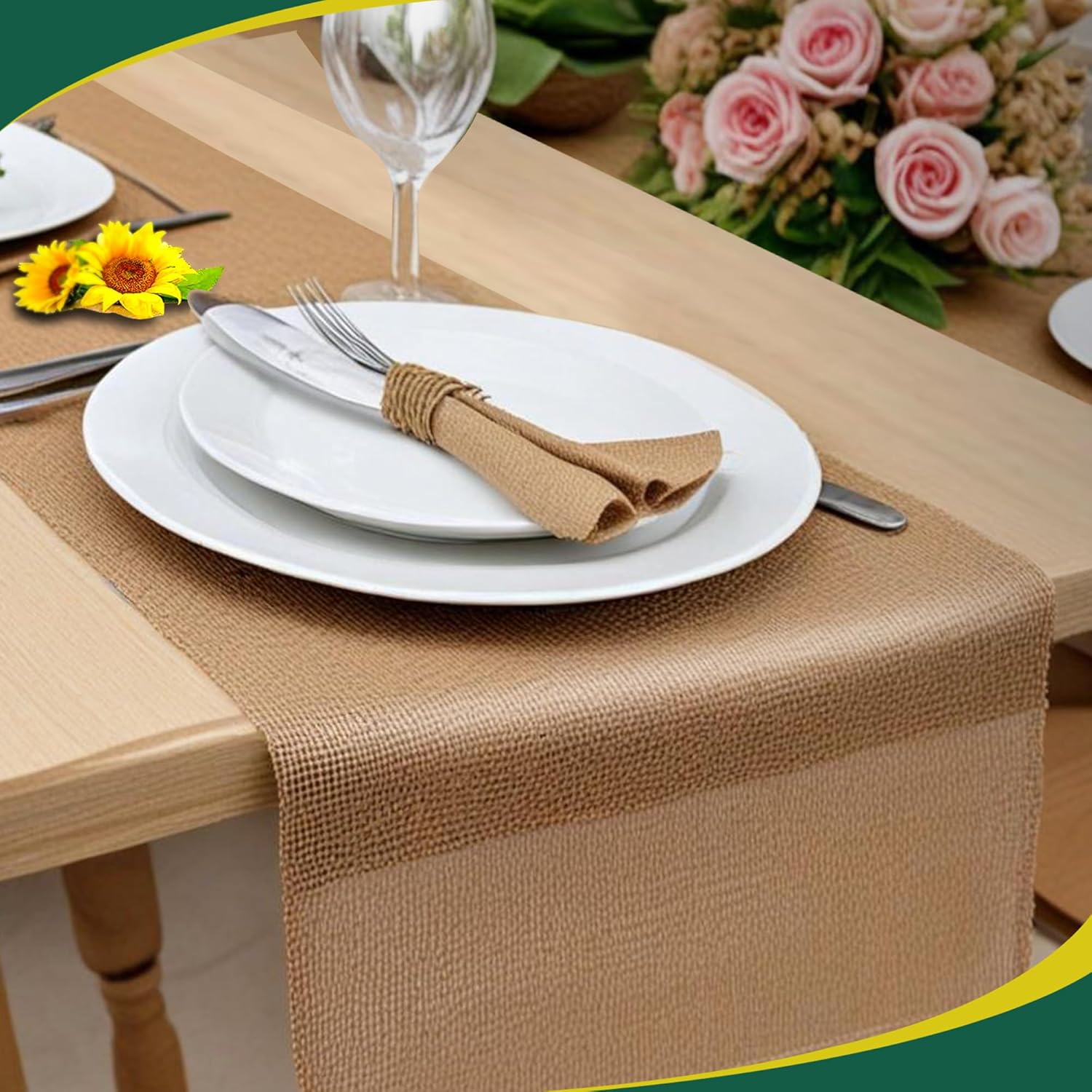 Fibeusion Burlap Table Runner 12x30ft No-Fray Premium Natural Roll