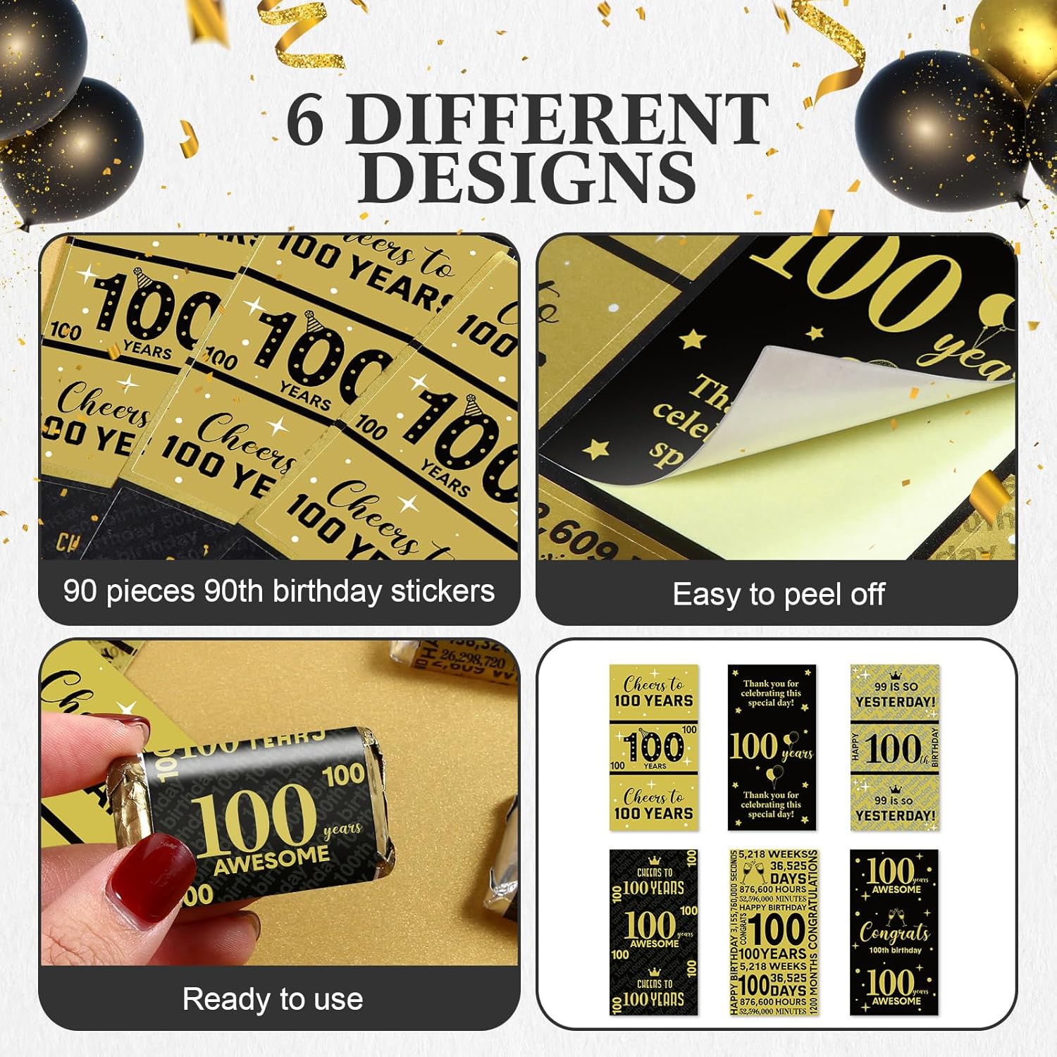 Tenare 90 Pcs 100th Birthday Black and Gold Stickers