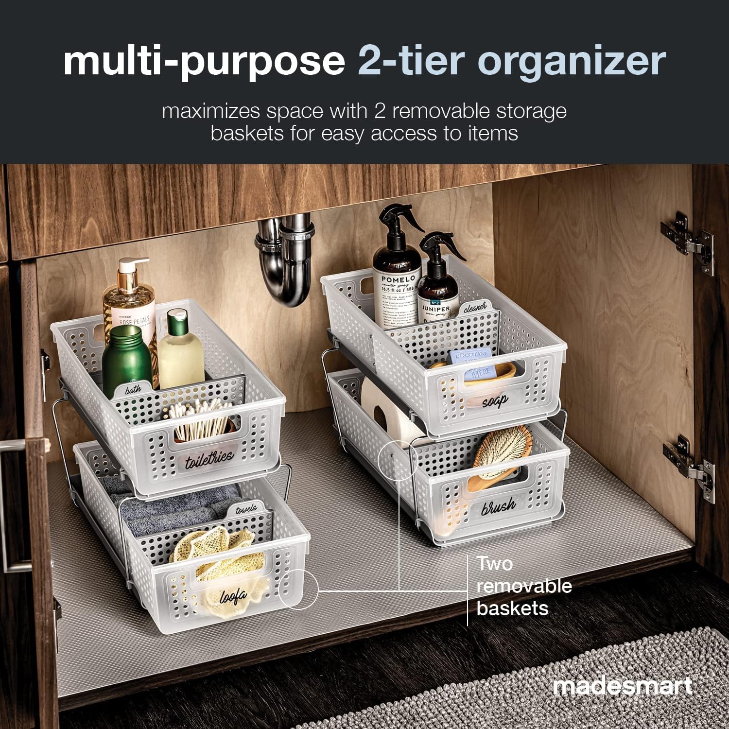 Madesmart 2-Tier Organizer with Handles and Adjustable Dividers
