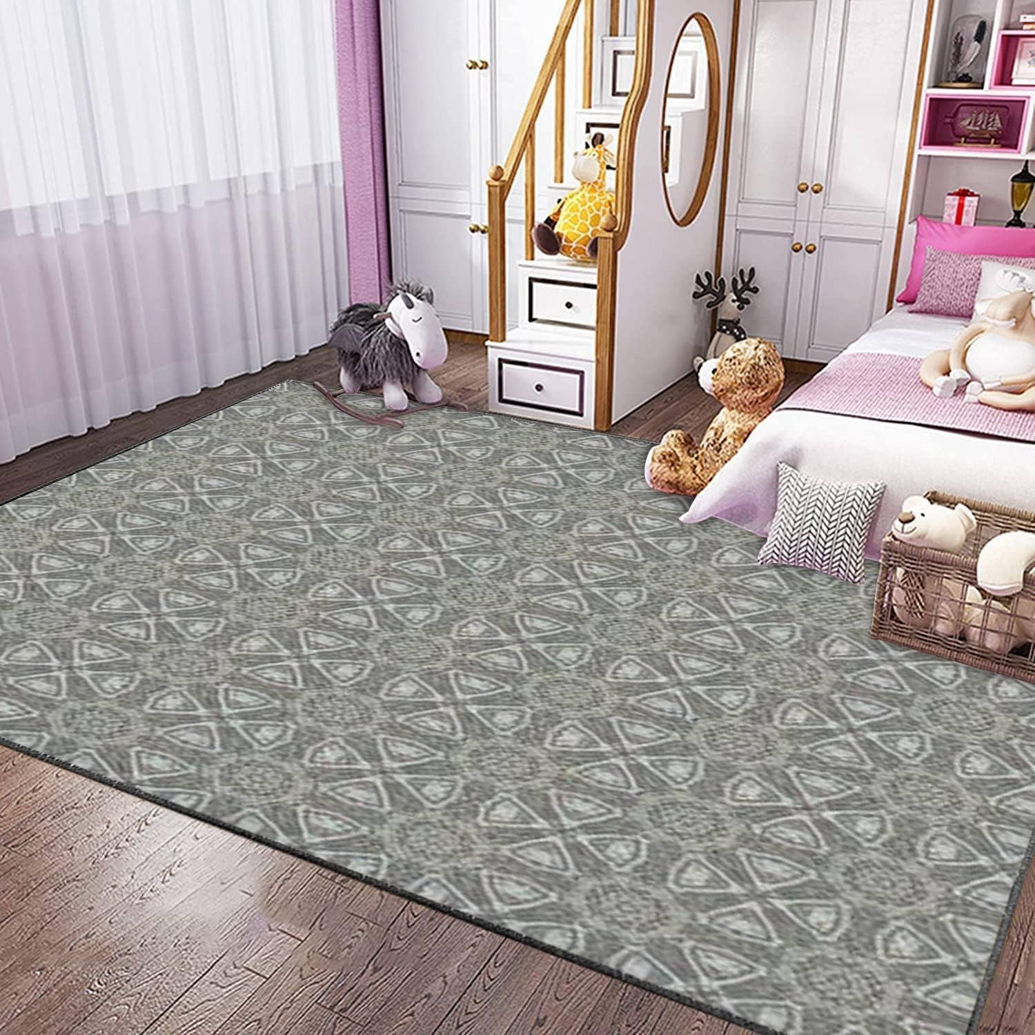 Modern Kids Playroom Dark Blue Denim Rug with Ornate Floral Design