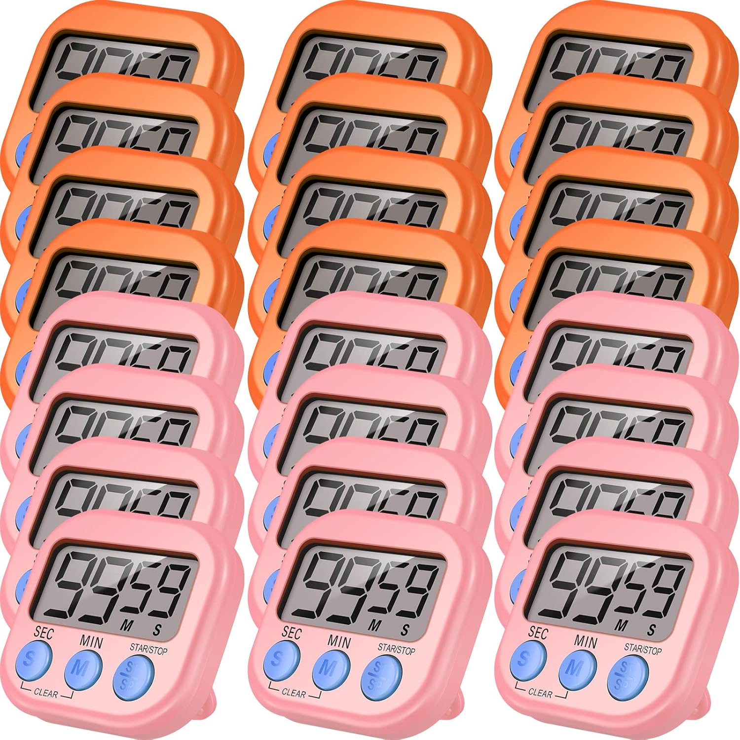 24 Piece Digital Timer Set with Magnetic Display and Loud Alarm - Pink Orange