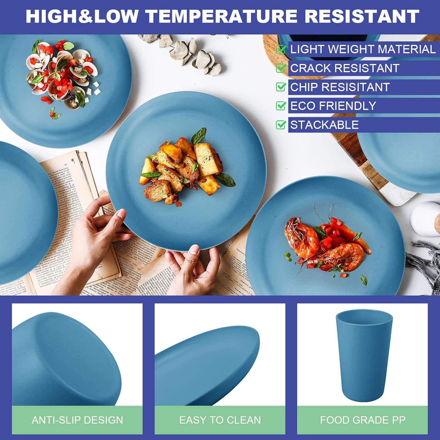 24pcs Wheat Straw Dinnerware Set for 4 Blue