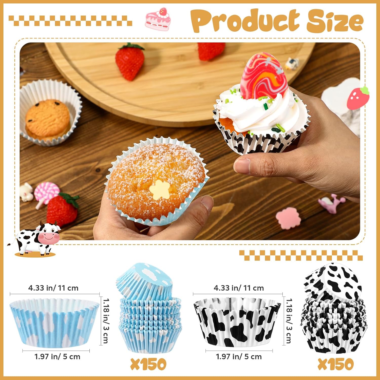 Cunhill 300 Pcs Paper Baking Cups with Cloud and Cow Designs
