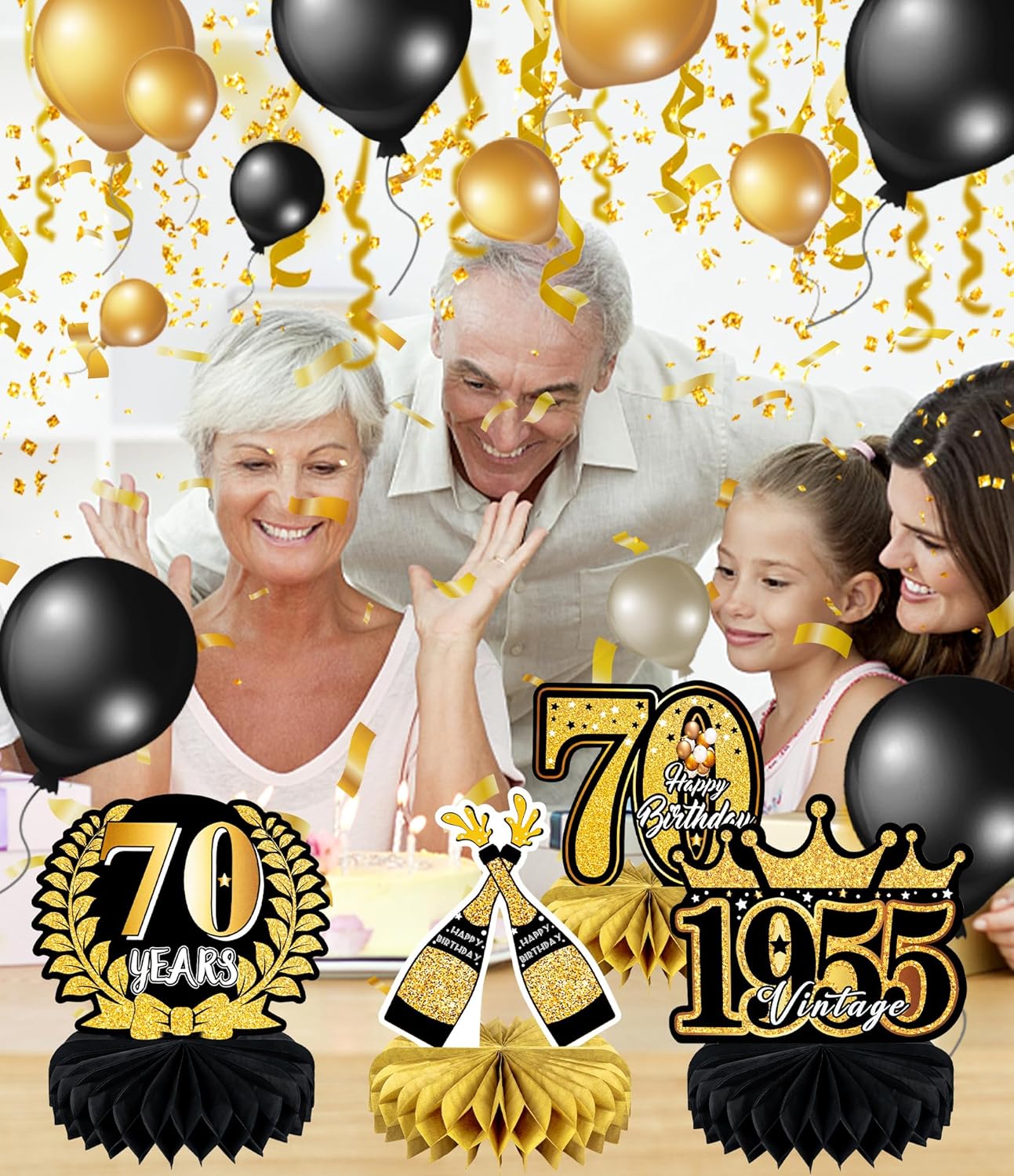 70th Birthday Decorations 9 Pcs Black Gold Honeycomb Centerpieces