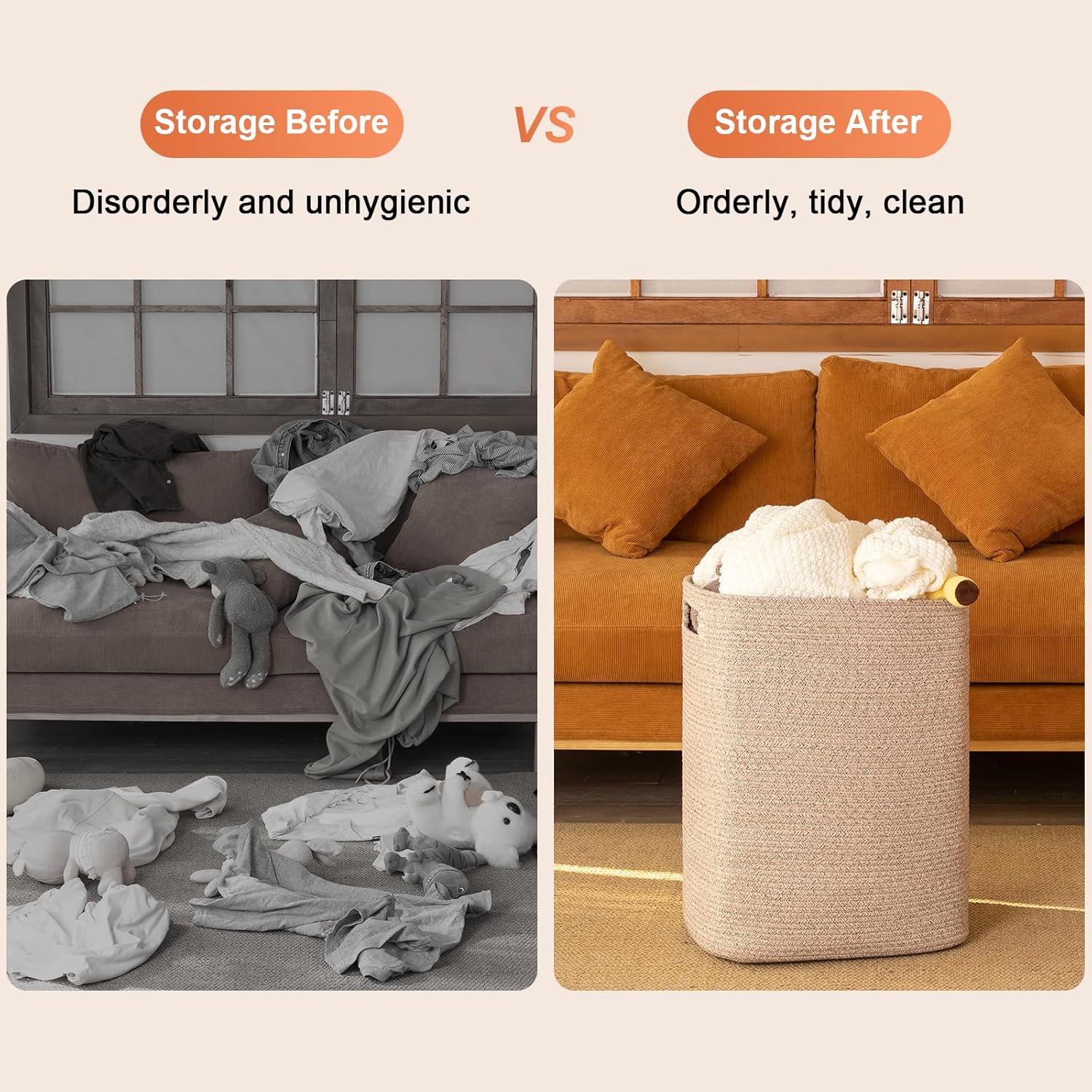 OIAHOMY Laundry Hamper Brown Variegated Rectangle Cotton Basket with Handles - 16x13x22in
