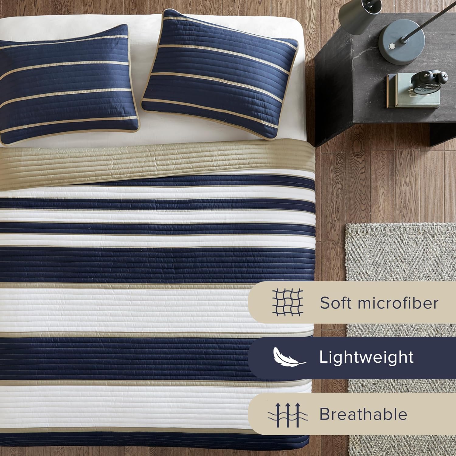 Comfort Spaces Quilt Set Verone White Blue Stripe 3 Piece