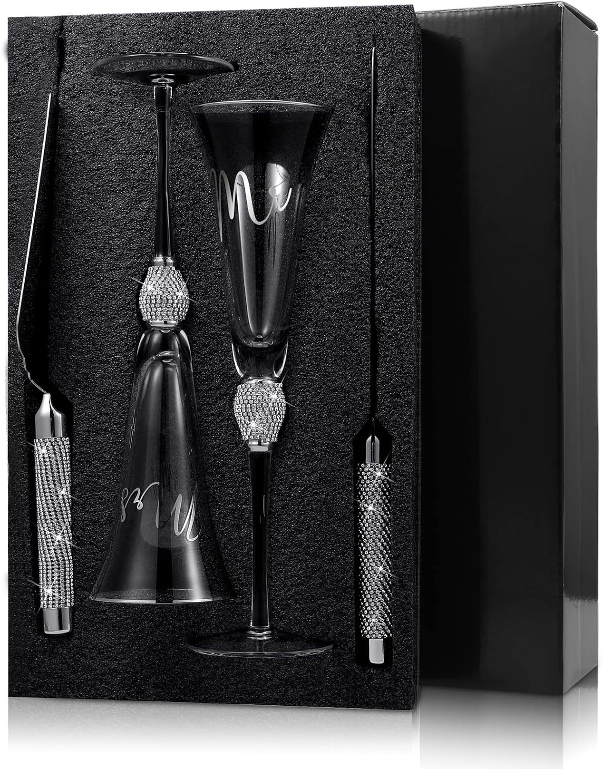 4 Piece Wedding Cake Knife and Champagne Flutes Server Set Silver