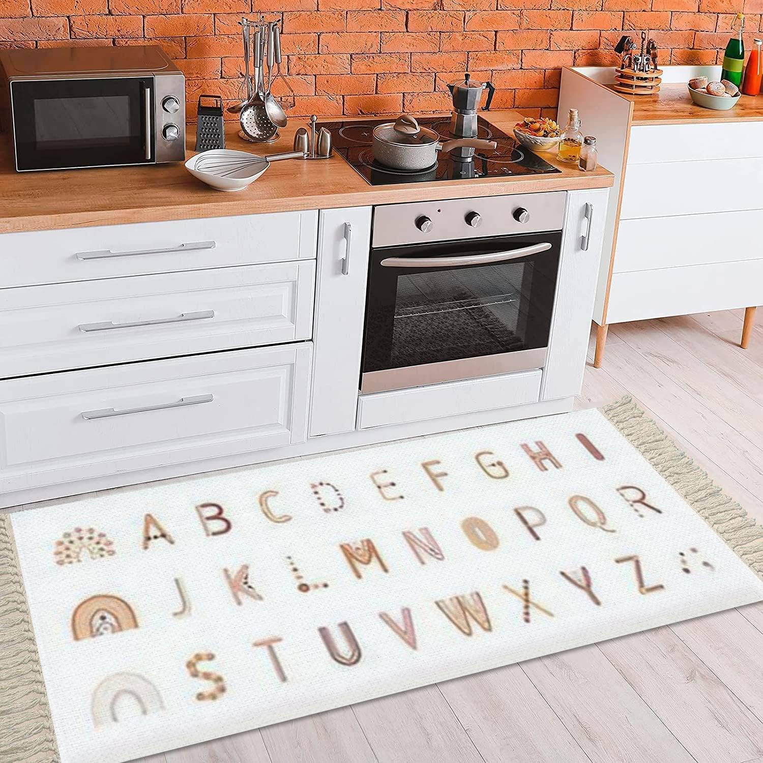 Boho Alphabet Rug with Tassels for Bedroom and Living Room