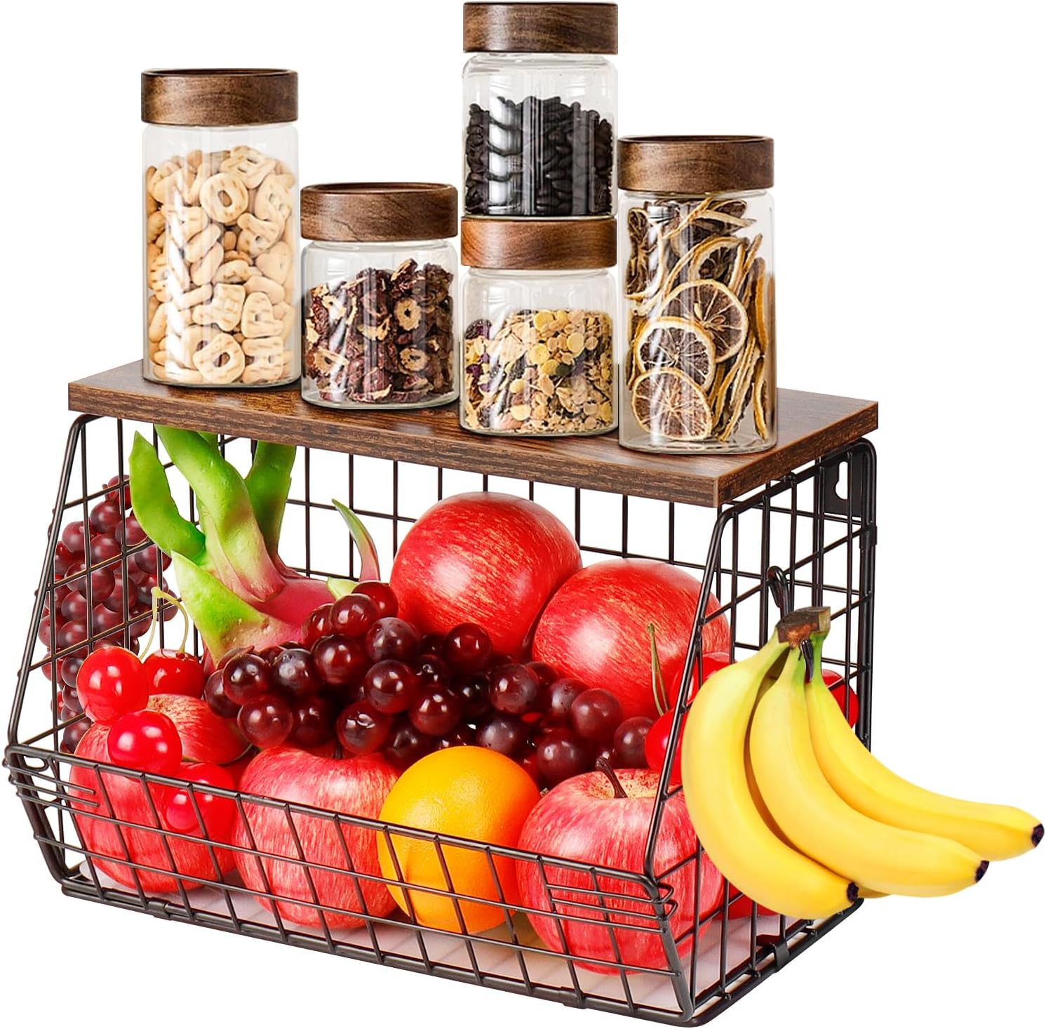 Livabber Metal Fruit Basket with Wood Shelf and 4 S-Hooks