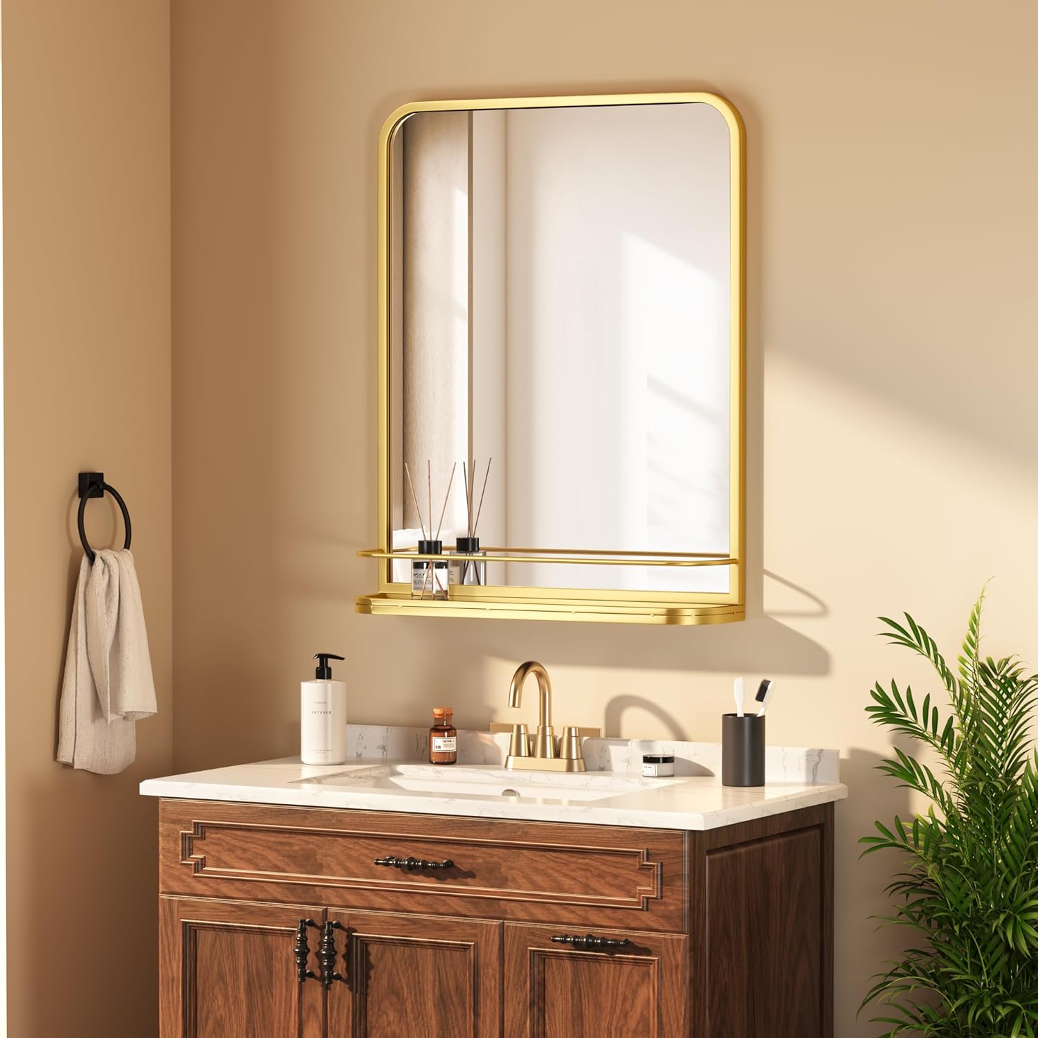 Gold Metal Framed Bathroom Mirror with Shelf