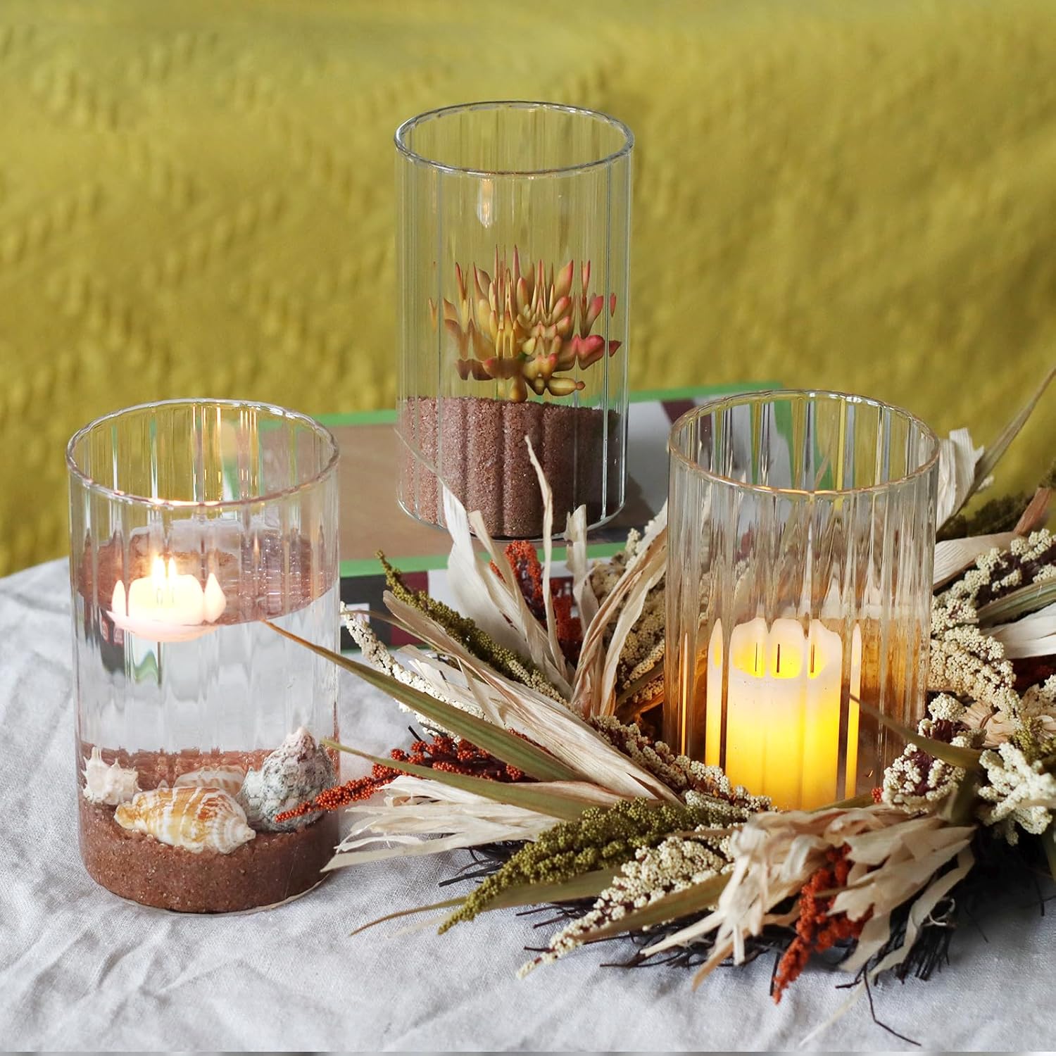12Pcs Clear Ribbed Glass Cylinder Vases for Centerpieces