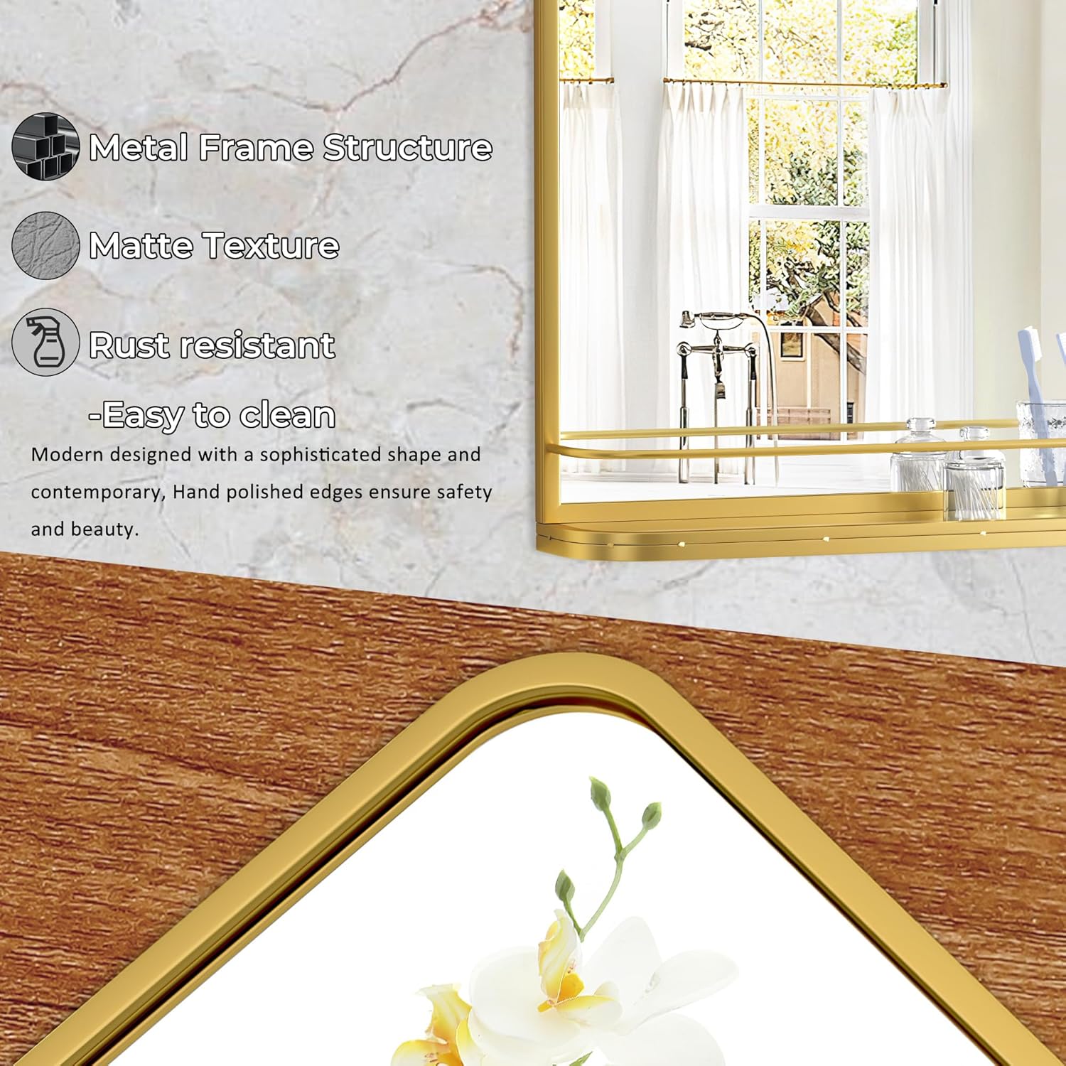 Gold Metal Framed Bathroom Mirror with Shelf