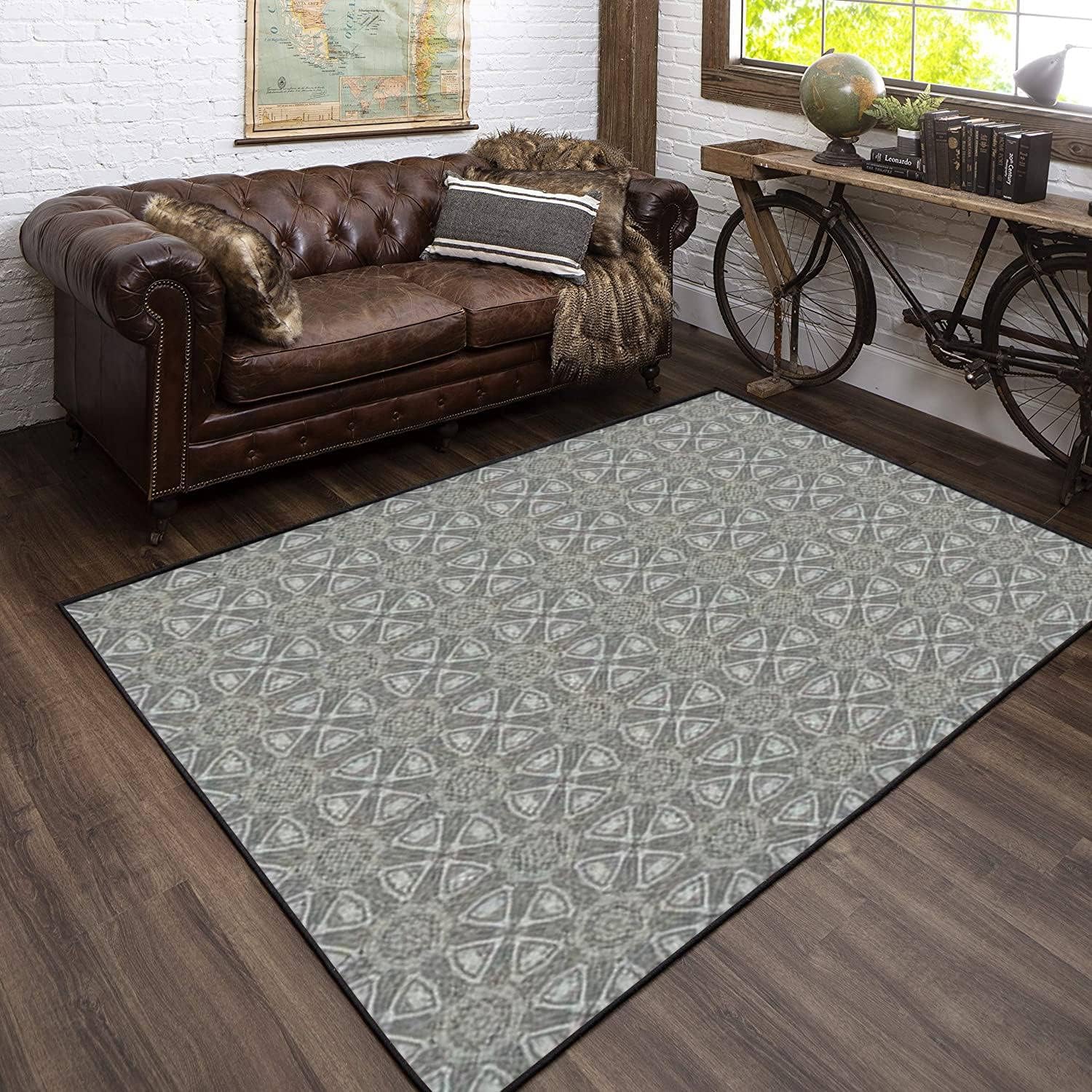 Modern Kids Playroom Dark Blue Denim Rug with Ornate Floral Design