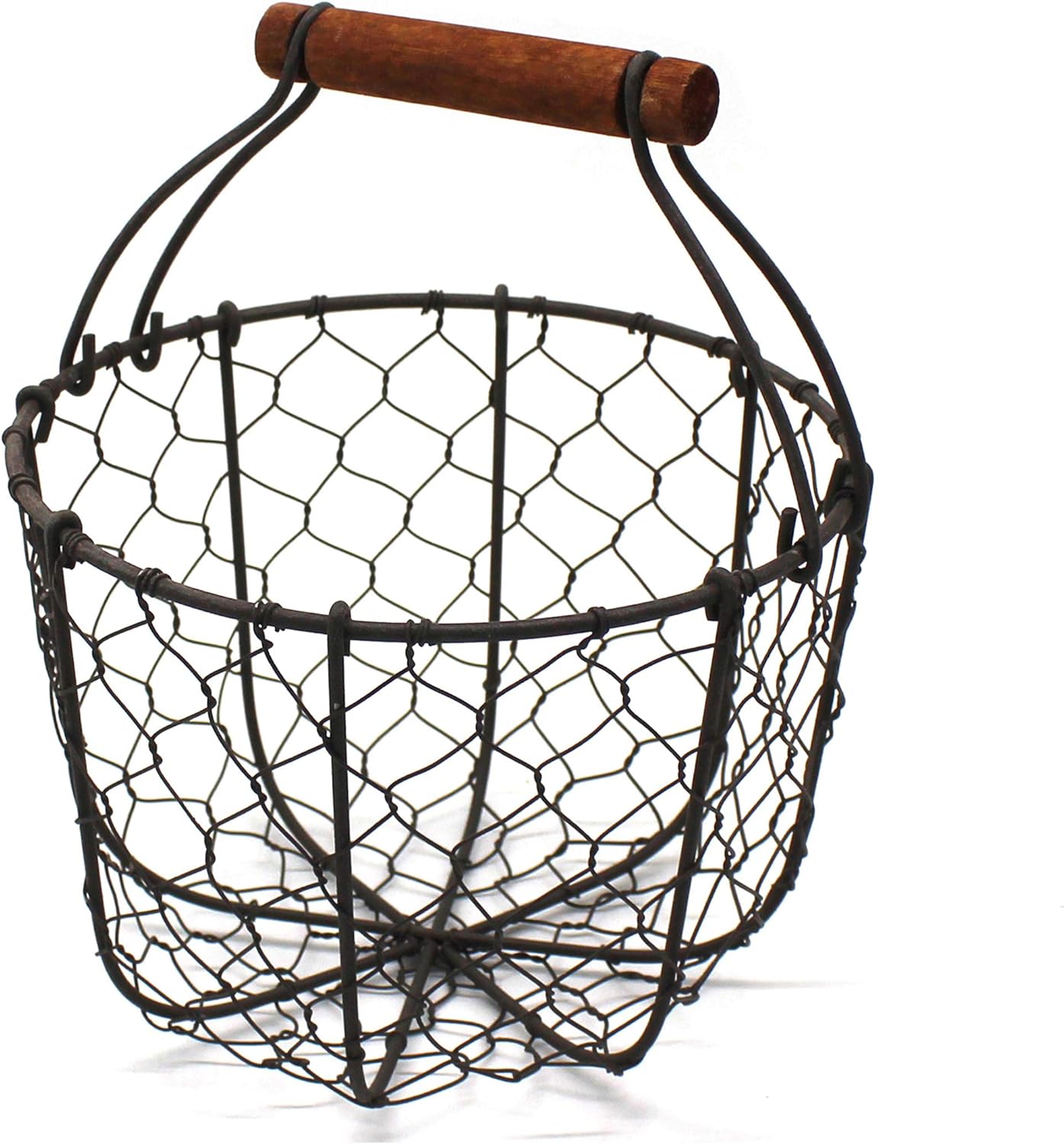 Round Chicken Wire Egg Basket with Wooden Handle