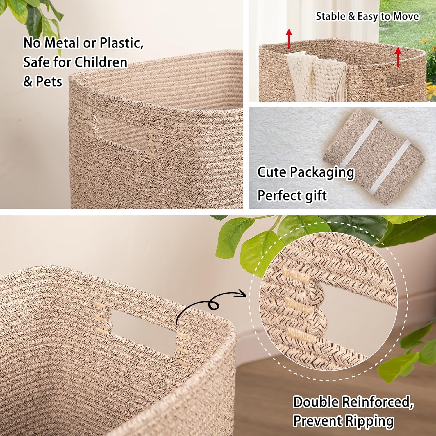 OIAHOMY Laundry Hamper Brown Variegated Rectangle Cotton Basket with Handles - 16x13x22in