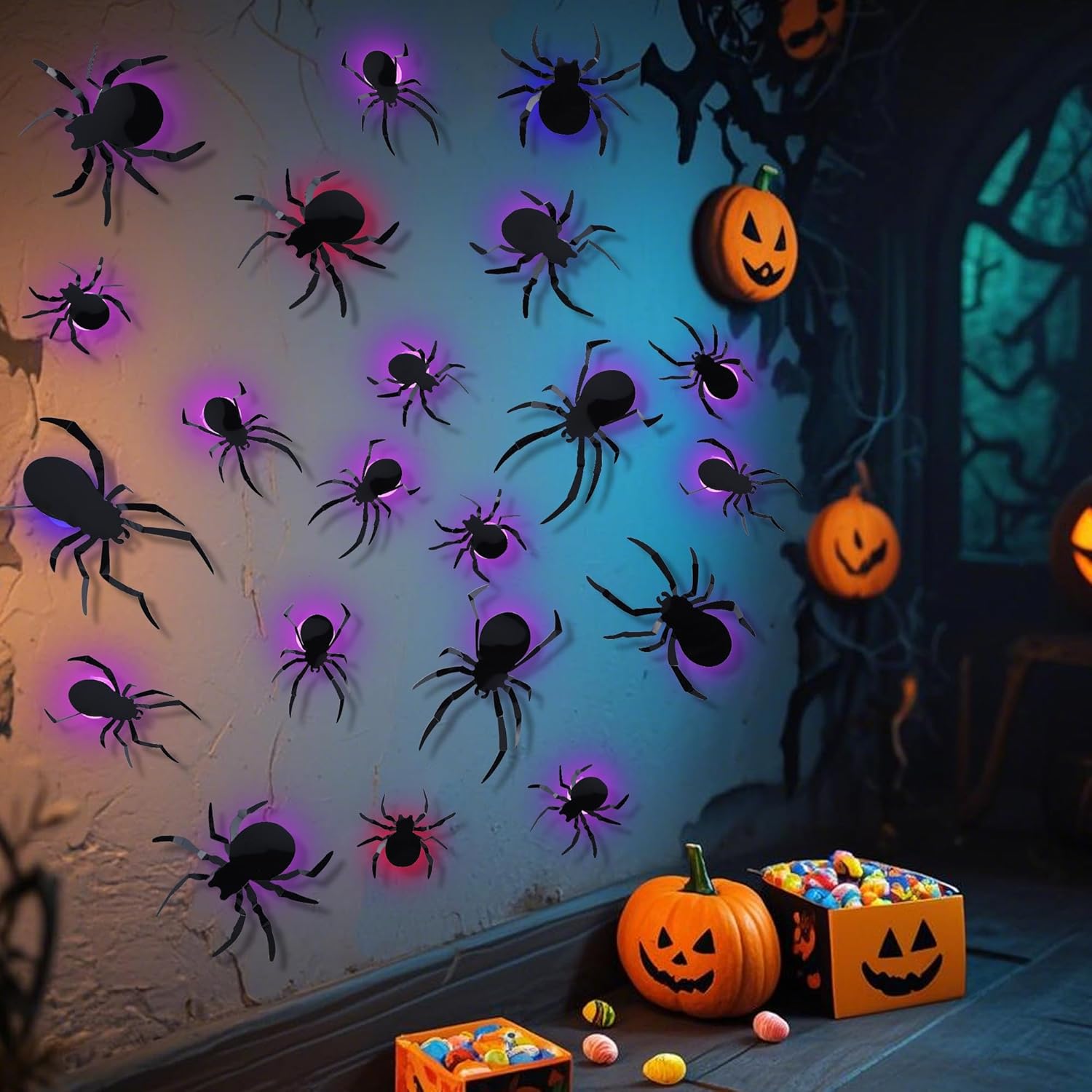 DRDUDU 36 Halloween Spider Wall Decor with LEDs