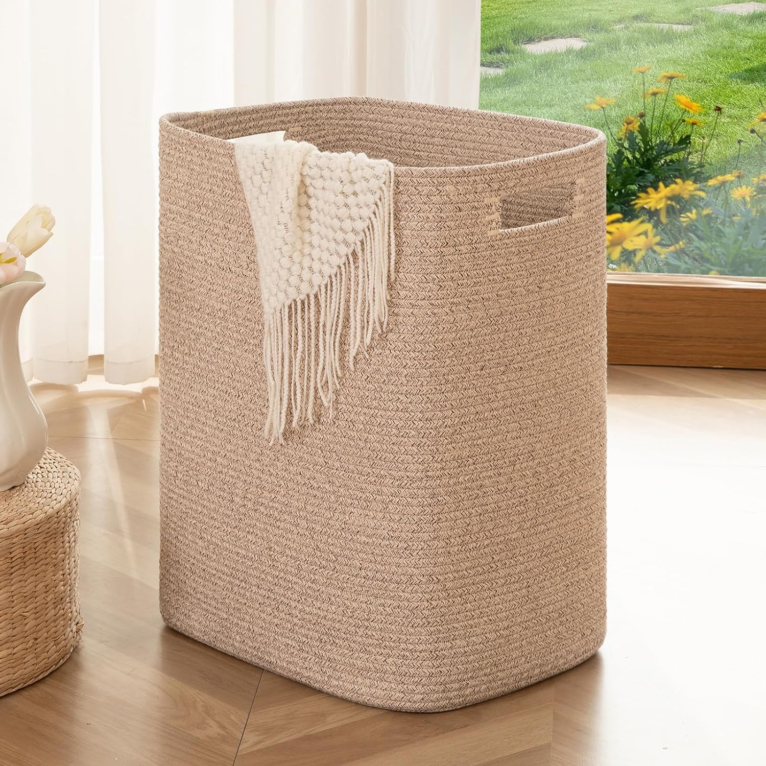 OIAHOMY Laundry Hamper Brown Variegated Rectangle Cotton Basket with Handles - 16x13x22in
