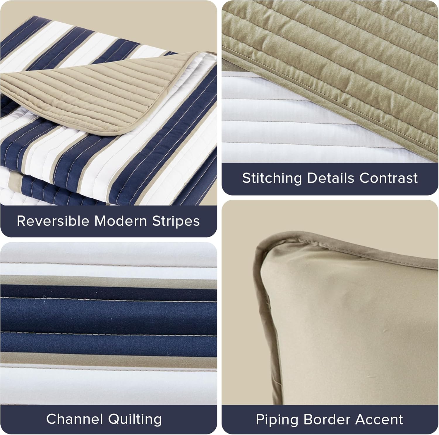 Comfort Spaces Quilt Set Verone White Blue Stripe 3 Piece
