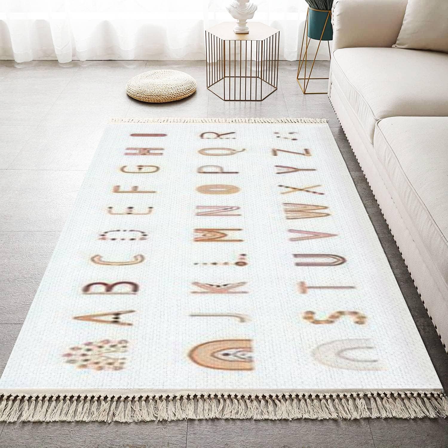 Boho Alphabet Rug with Tassels for Bedroom and Living Room