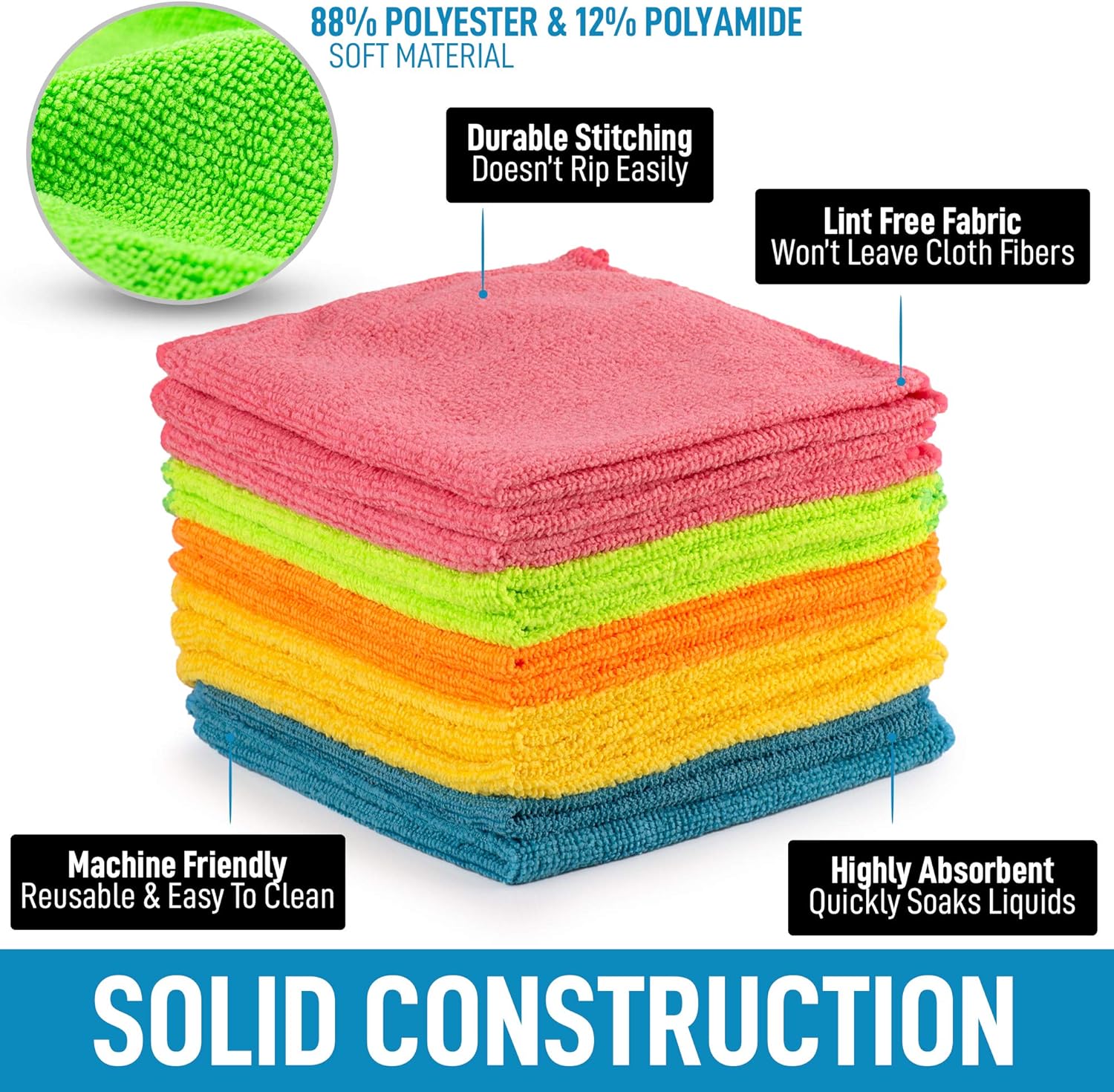 Zulay Kitchen 12 Pack Microfiber Cloths - 12x12 Inch Lint Free for Cleaning