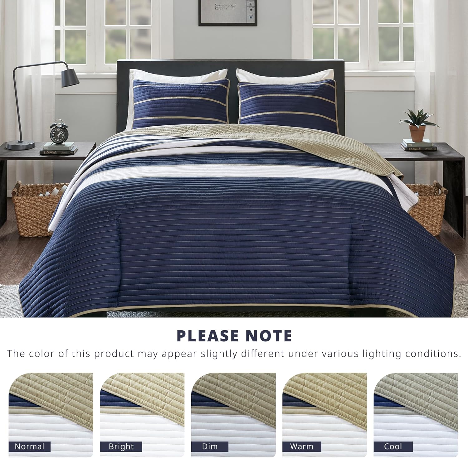 Comfort Spaces Quilt Set Verone White Blue Stripe 3 Piece