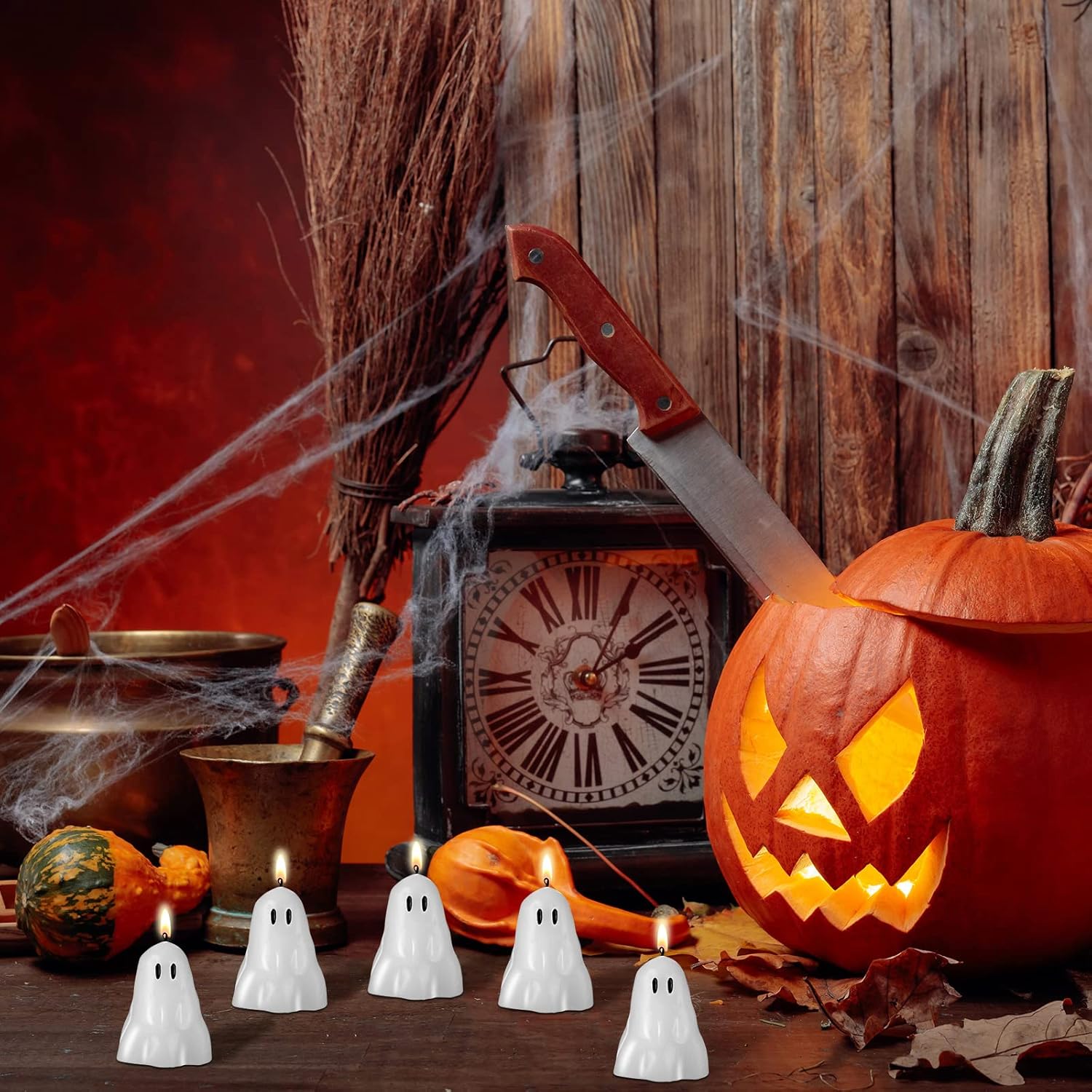 Jutom 10 Pack White Halloween Candles with Ghost Design