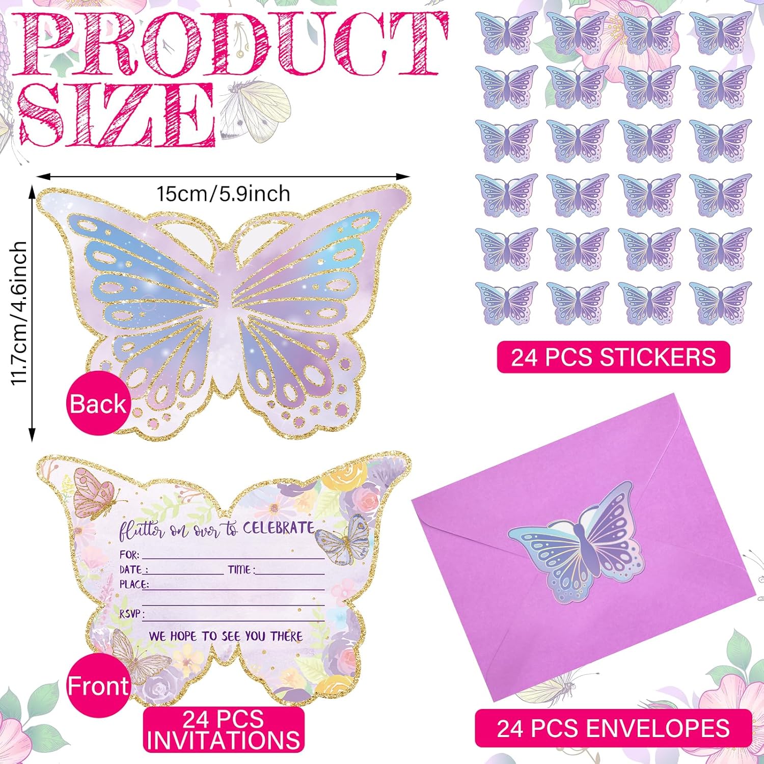 Hotop 24 Piece Butterfly Party Invitations with Envelopes and Stickers