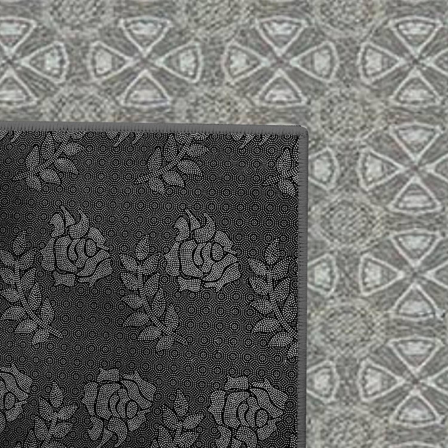 Modern Kids Playroom Dark Blue Denim Rug with Ornate Floral Design