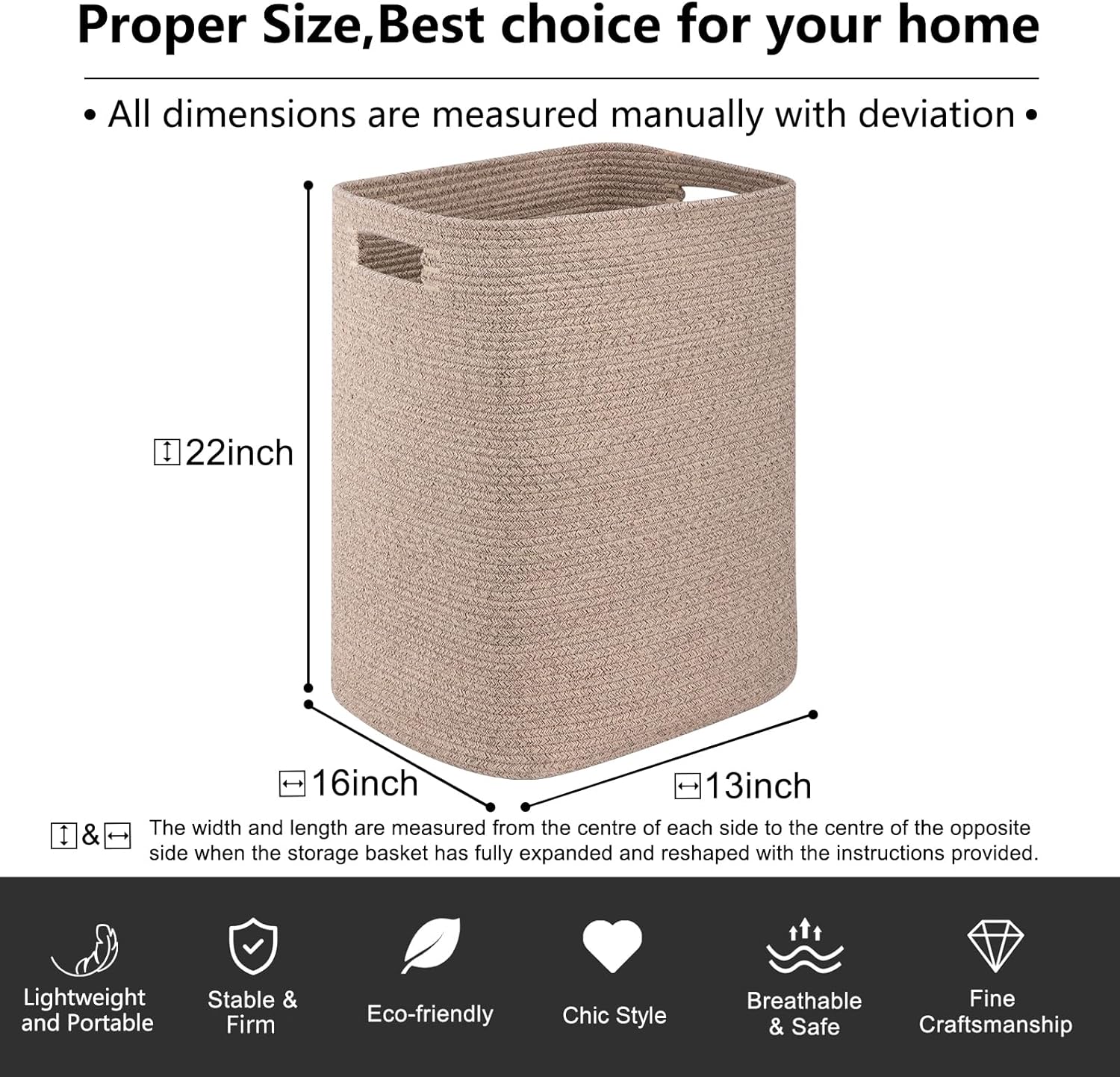 OIAHOMY Laundry Hamper Brown Variegated Rectangle Cotton Basket with Handles - 16x13x22in