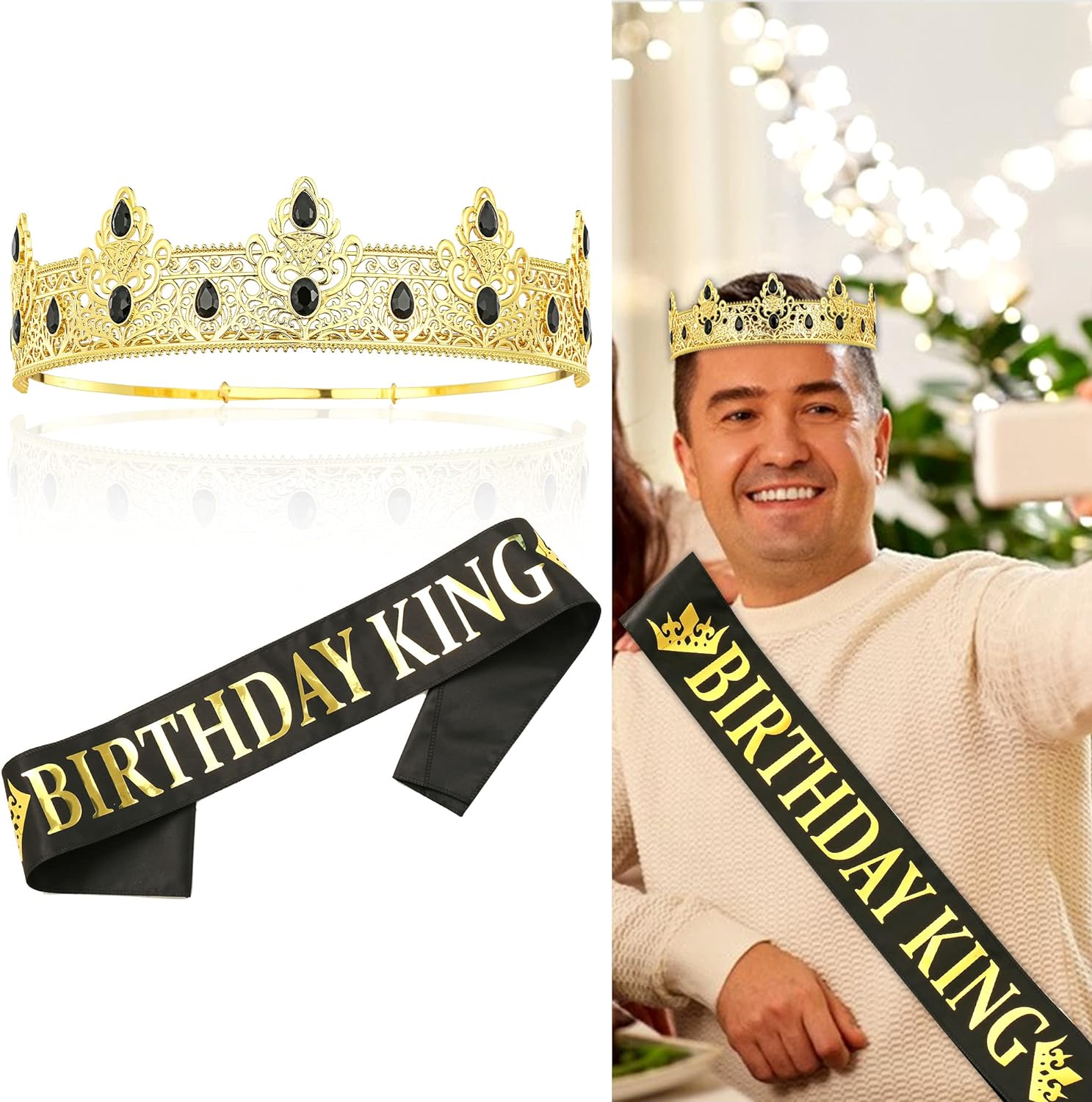 Birthday King Crown and Sash for Men - Gold Design
