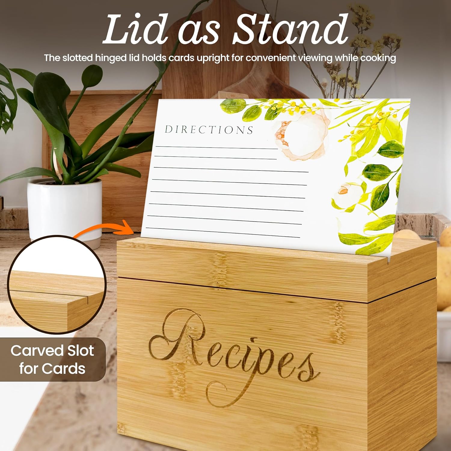 Wooden Recipe Box with 100 Labeled Cards
